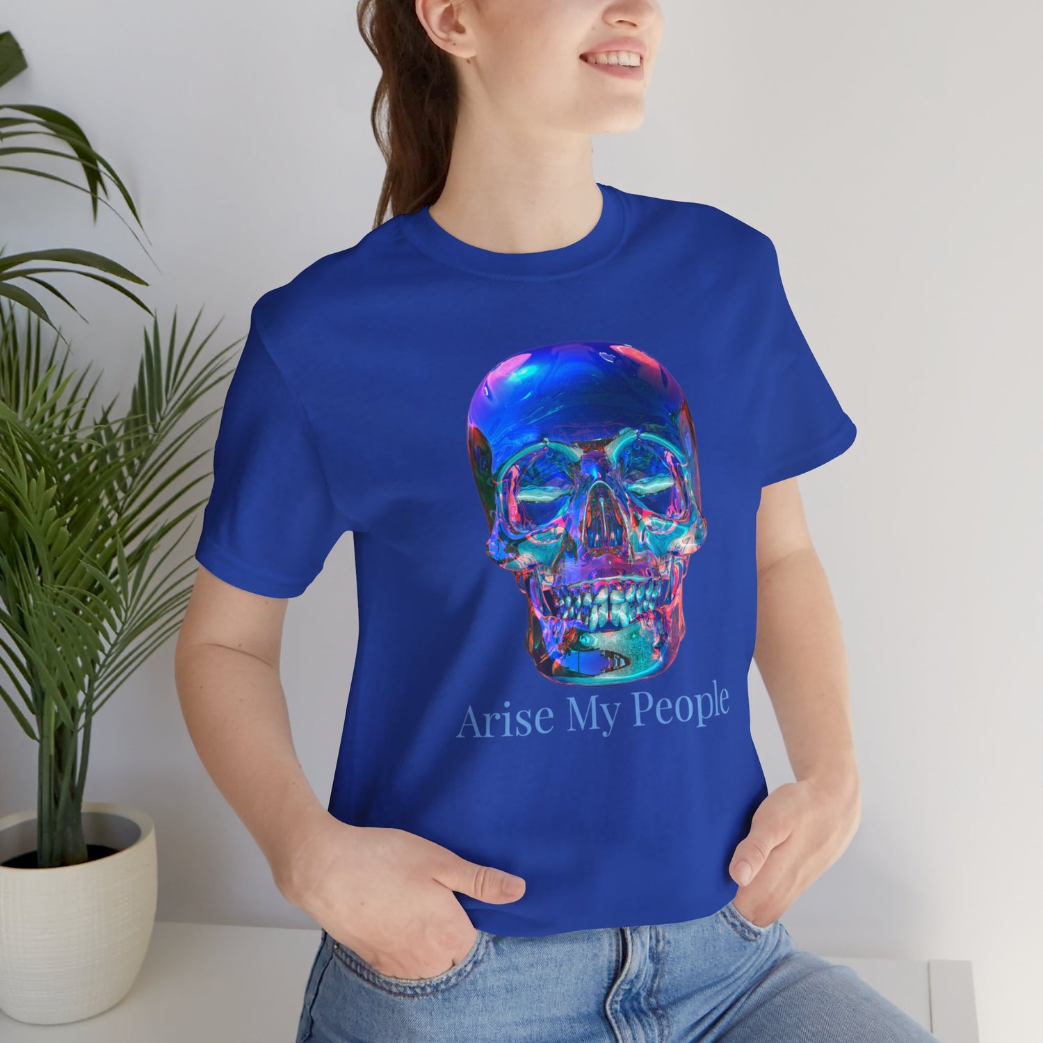 EZEKIEL 37 &quot;Arise My People&quot; Crystal Head Skull Face Design Image- Unisex Jersey Sleeve Tee (Front Side Crystal Head Skull Face Design Image W/ &quot;Arise My People&quot; Light Blue Letter Print- Back Side Kngdom Logo)