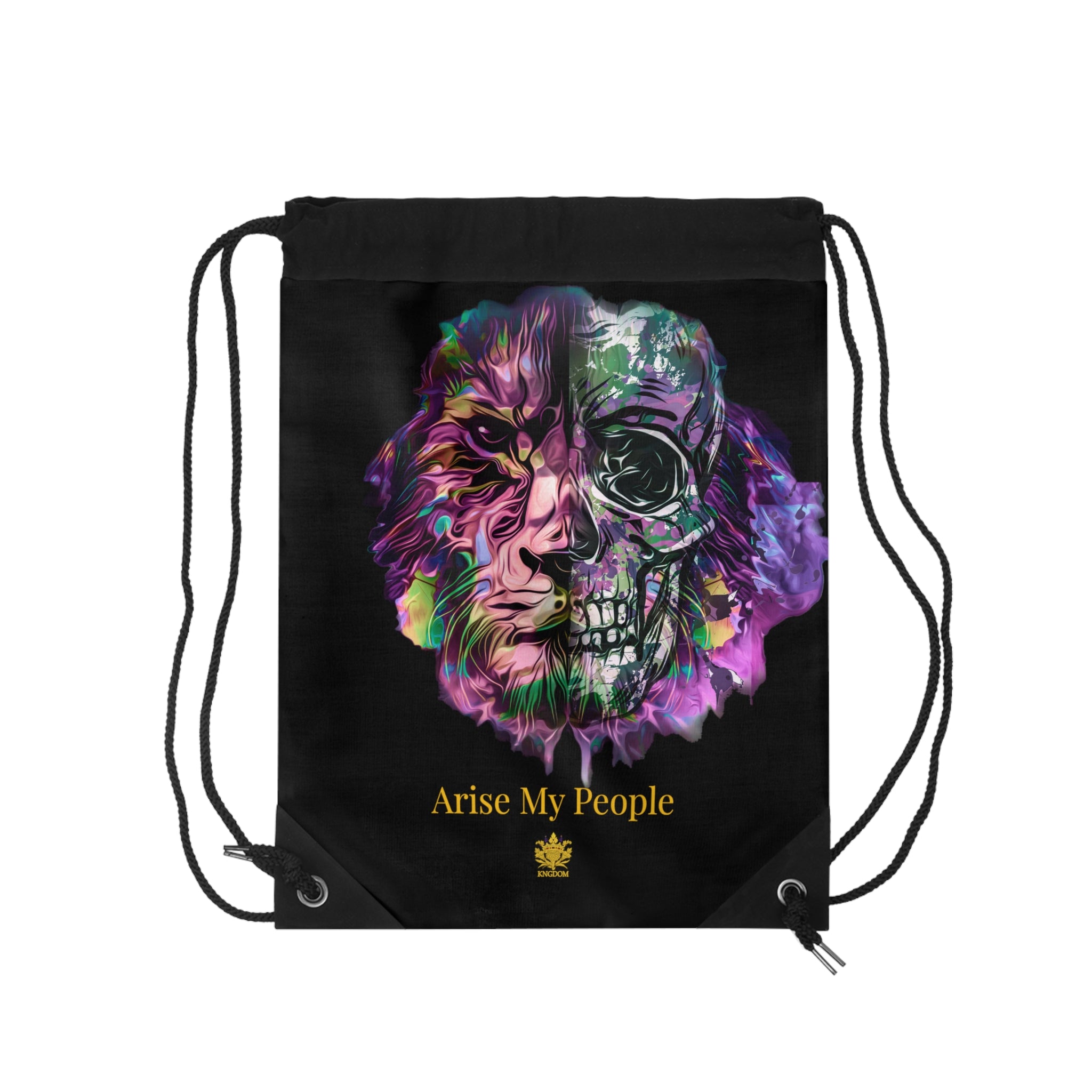 EZEKIEL 37 &quot;Arise My People&quot; Lion/Skull Face Design Image- Drawstring Bag (Lion/Skull Design Image W/&quot;Arise My People&quot; Yellow Letter Print-Kngdom Logo)