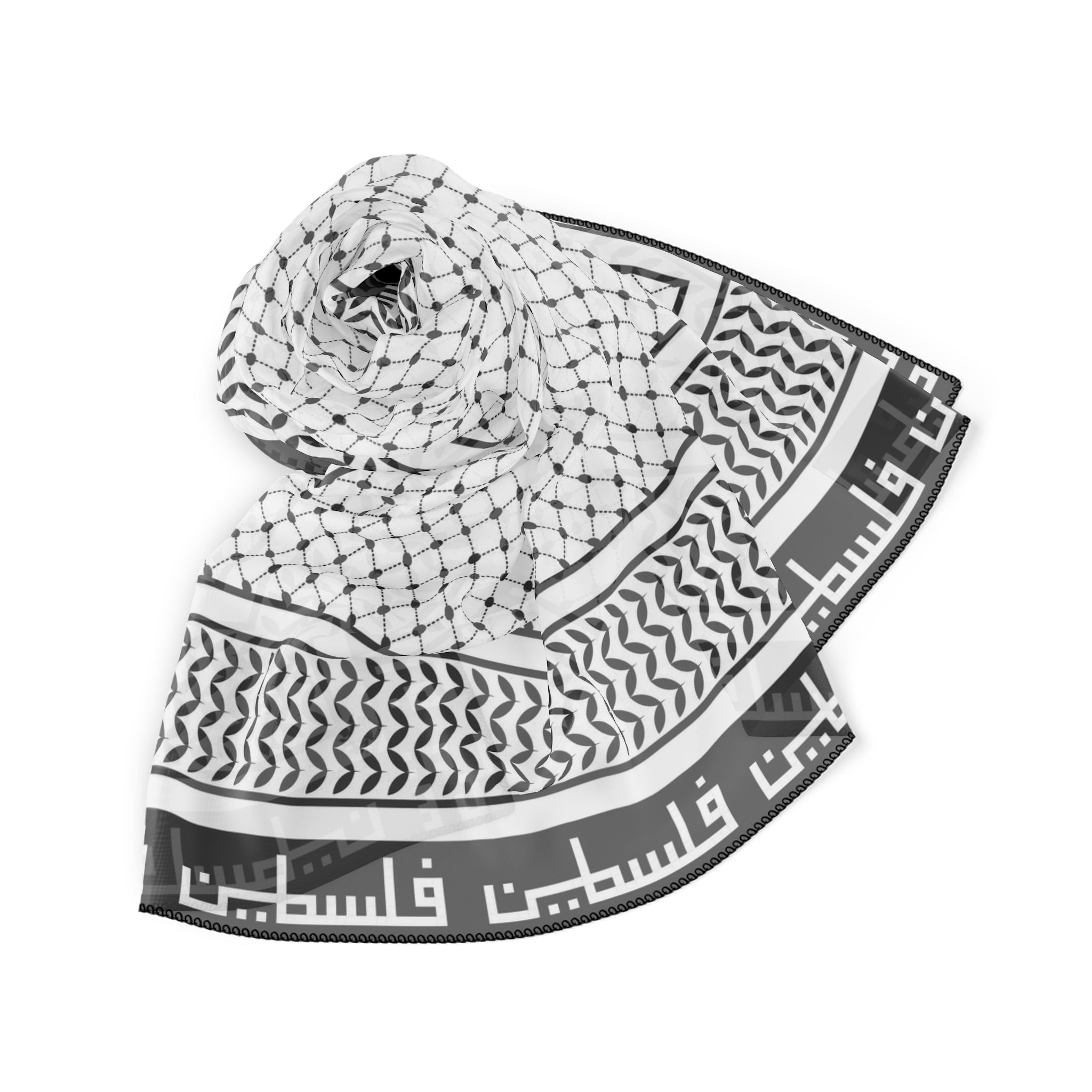 Keffiyeh World &quot;PALESTINE&quot;- Poly/Chiffon Scarf W/ Blk Kngdom Logo