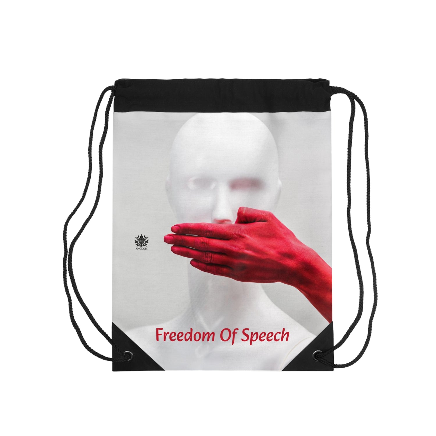 WE ARE AMERICA &quot;Freedom Of Speech&quot;- (THE BLOOD OF THE MARTYRS- Red Hand Covering Mouth) Drawstring Bag W/ Blk Kngdom Logo