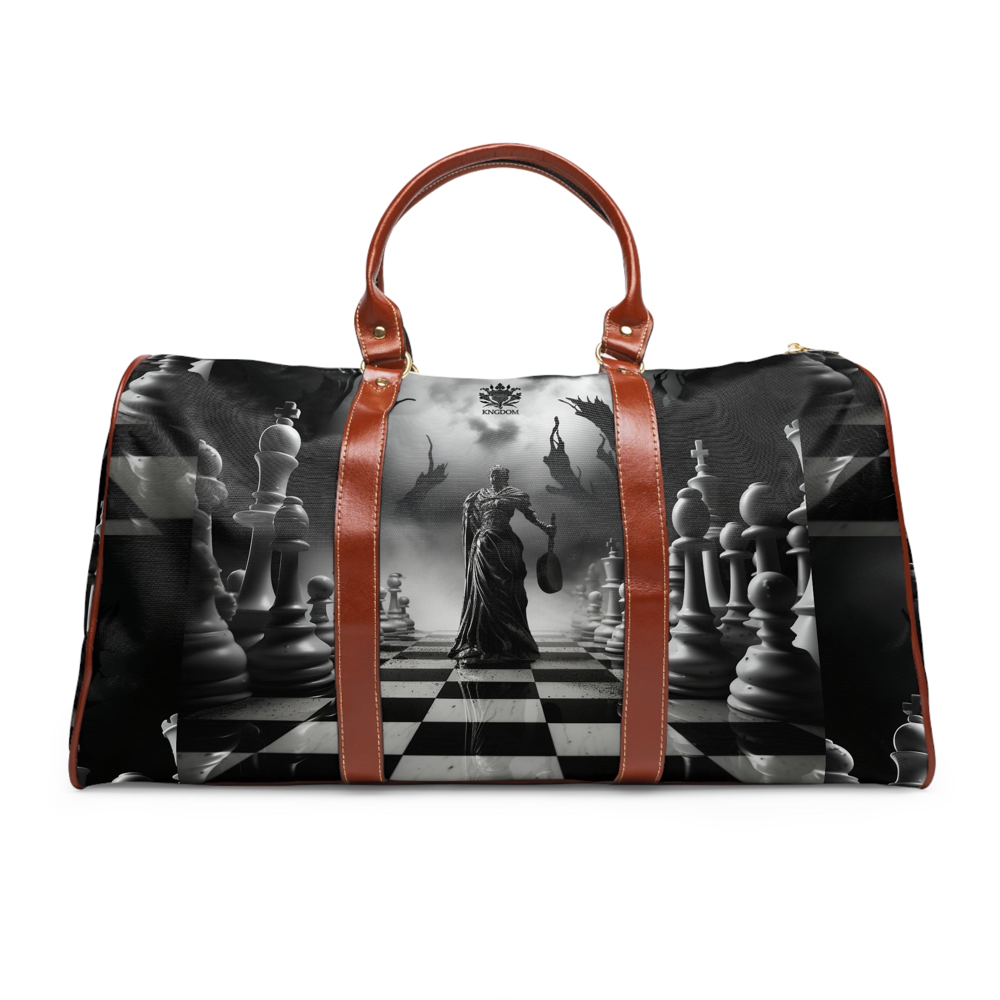 &quot;CHECKMATE&quot;: bolso de viaje impermeable de piel vegana con logotipo de Kingdom en negro 