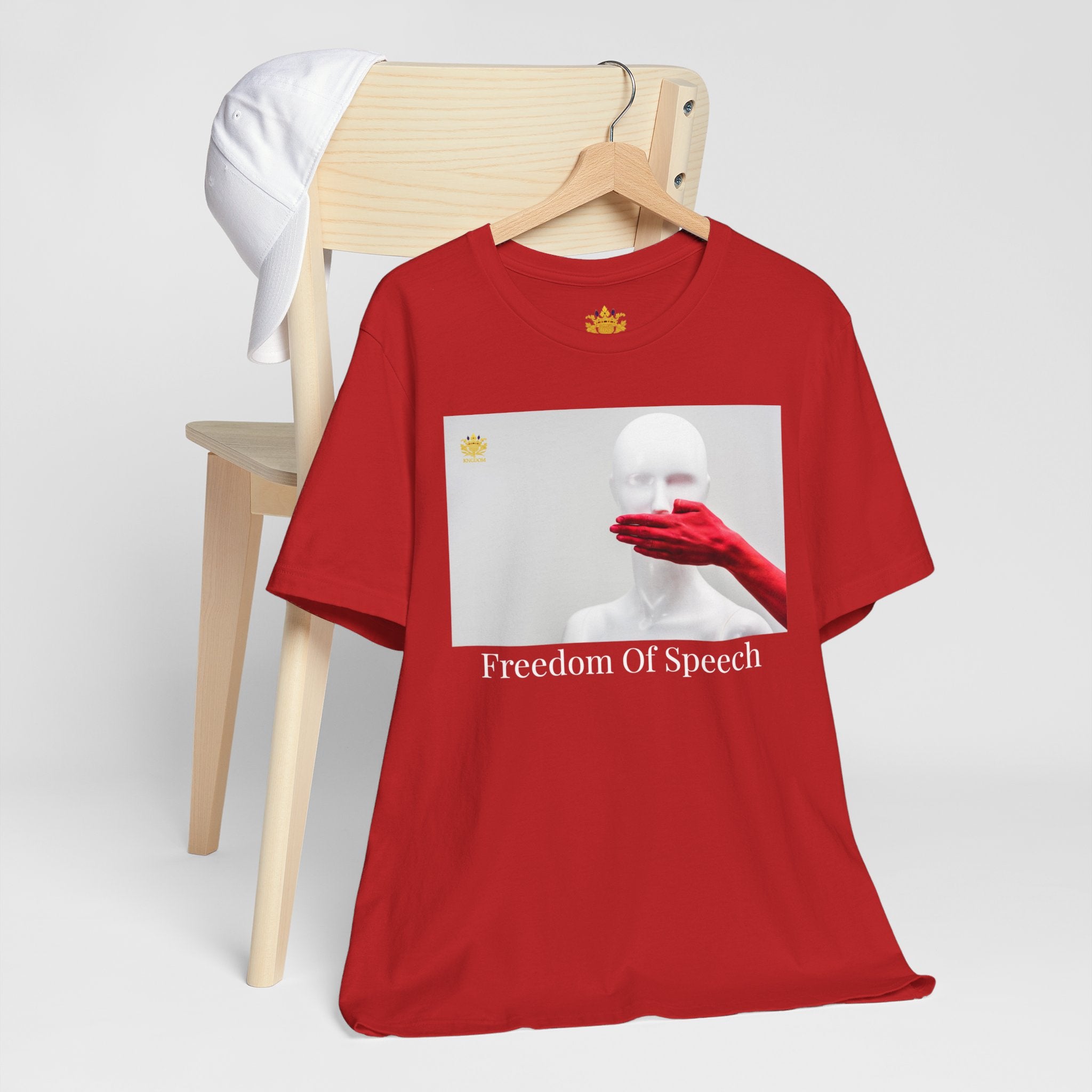 WE ARE AMERICA &quot;Freedom of Speech&quot; (THE BLOOD OF THE MARTYRS) - Unisex Jersey Short Sleeve Tee W/&quot;Hand Over Mouth&quot; Image W/ White &quot;Freedom Of Speech&quot; Letter Print/Back-Side Kngdom Logo