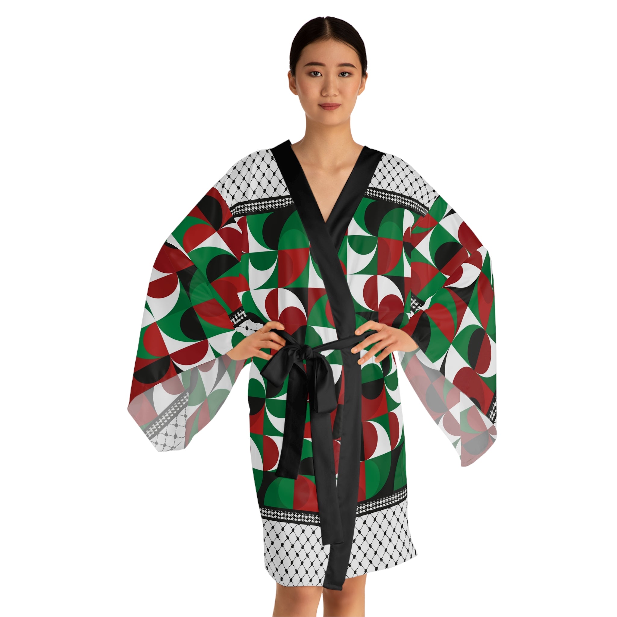 Keffiyeh World &quot;PALESTINE&quot;- Long Sleeve Kimono Robe W/ Blk Kngdom Logo