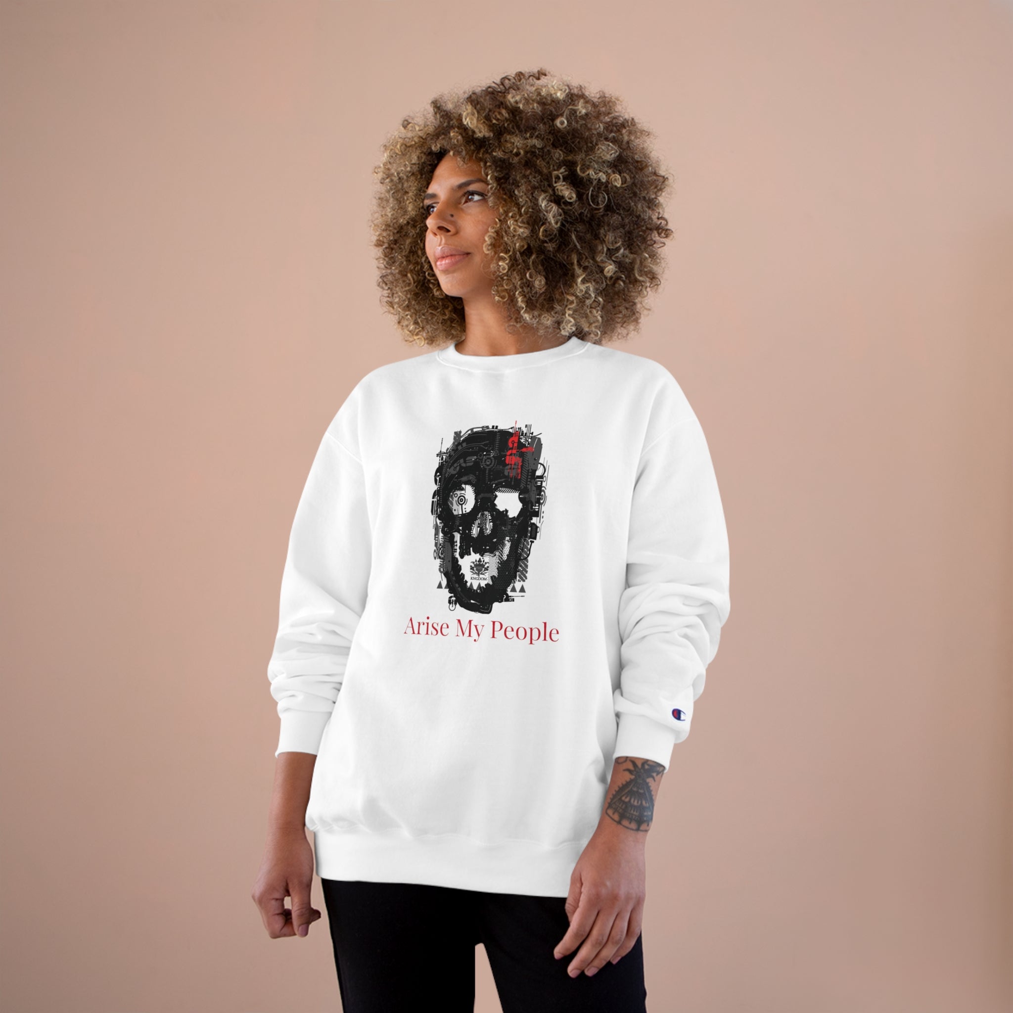 EZEKIEL 37 &quot;Arise My People&quot; Skull Cyborg Design Image- Unisex Champion Sweatshirt W/ Back Side Blk Kngdom Logo