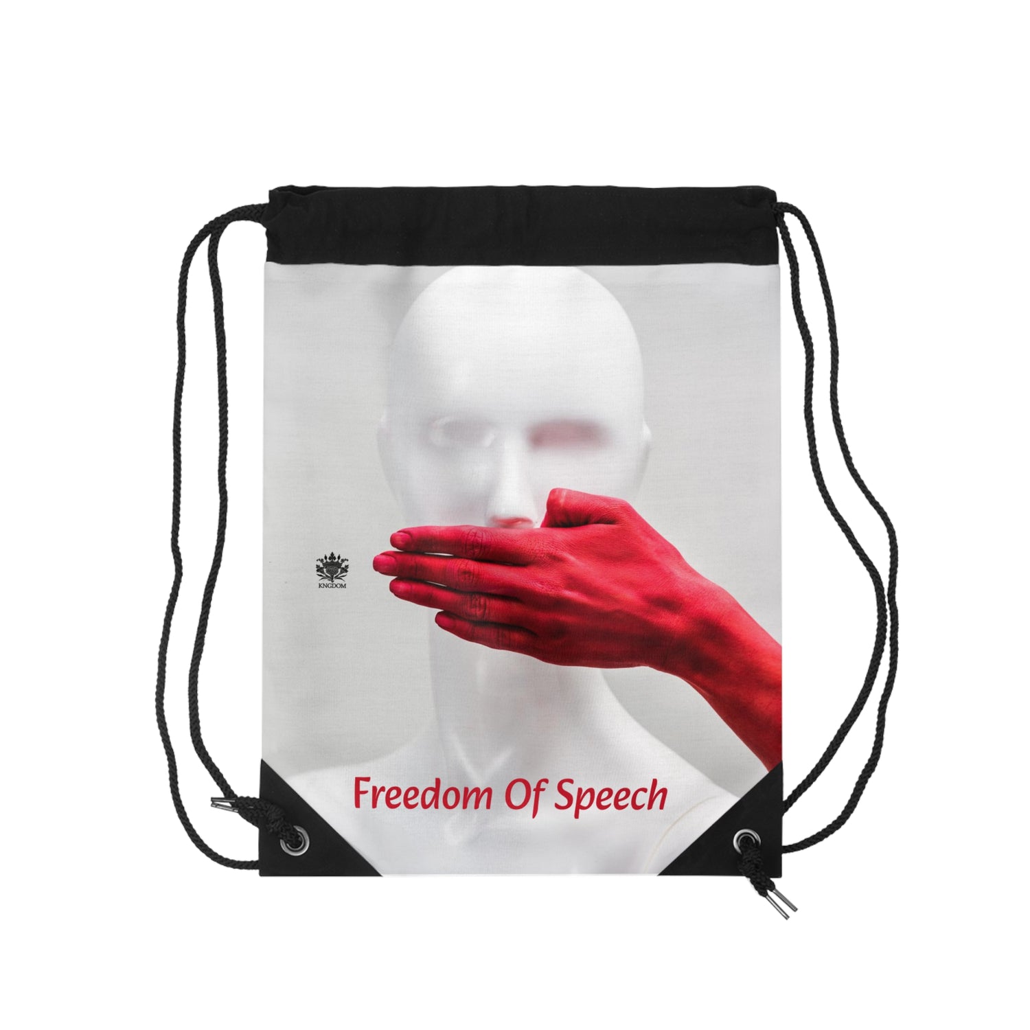 WE ARE AMERICA &quot;Freedom Of Speech&quot;- (THE BLOOD OF THE MARTYRS- Red Hand Covering Mouth) Drawstring Bag W/ Blk Kngdom Logo