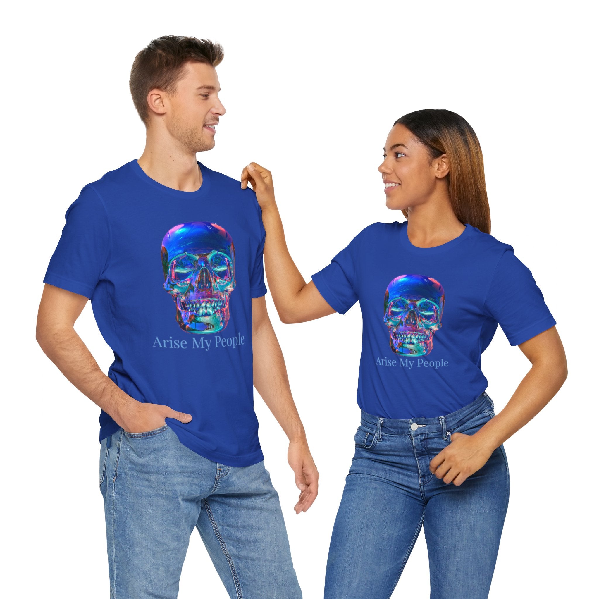 EZEKIEL 37 &quot;Arise My People&quot; Crystal Head Skull Face Design Image- Unisex Jersey Sleeve Tee (Front Side Crystal Head Skull Face Design Image W/ &quot;Arise My People&quot; Light Blue Letter Print- Back Side Kngdom Logo)