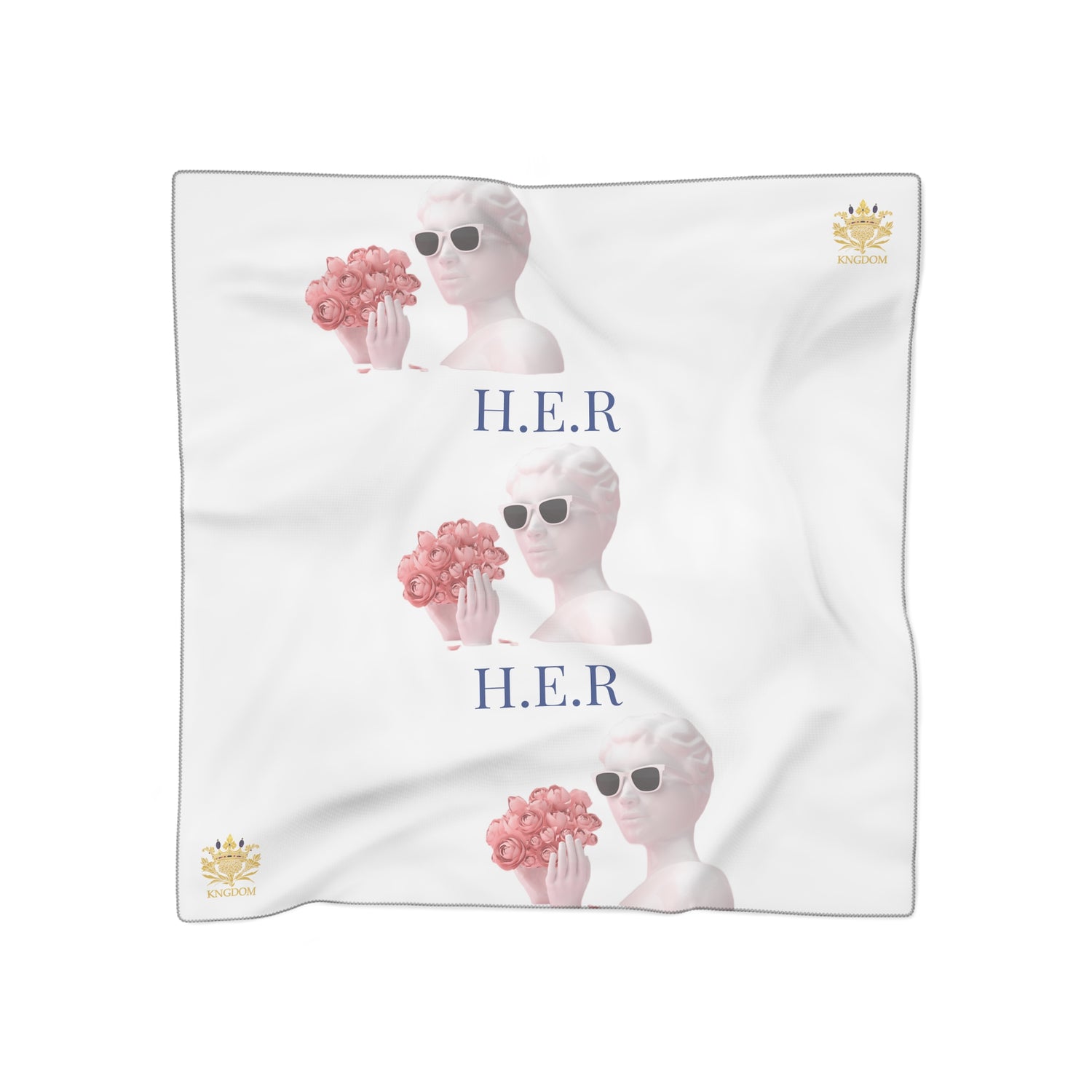 &quot;H.E.R&quot; (Heroism/Eagerness/Relevant)- Poly/Chiffon Scarf (Grey Kngdom Logo W/ &quot;H.E.R&quot; Dark Blue Letter Print)