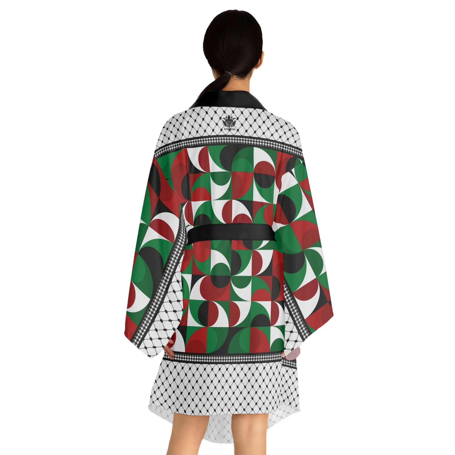 Keffiyeh World &quot;PALESTINE&quot;- Long Sleeve Kimono Robe W/ Blk Kngdom Logo