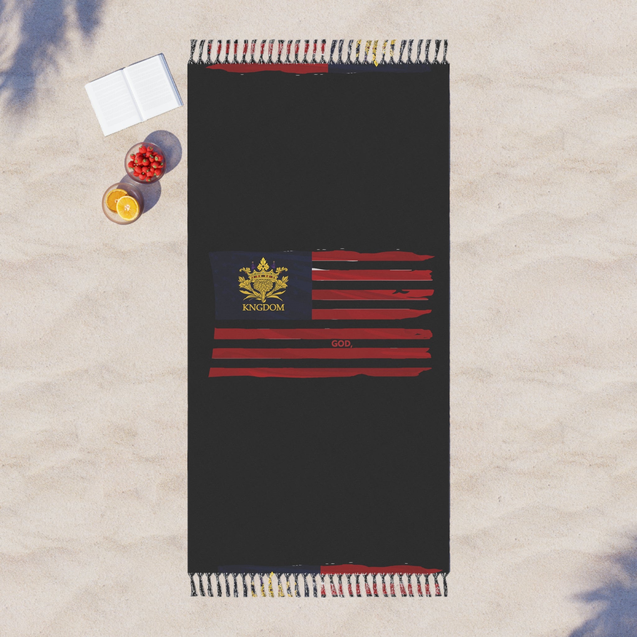 &quot;WE ARE AMERICA&quot;- Boho Beach Cloth- Patriotic &quot;GOD&quot; Special Edition (Horizontal Center Kngdom Logo W/ Printed Tassel)