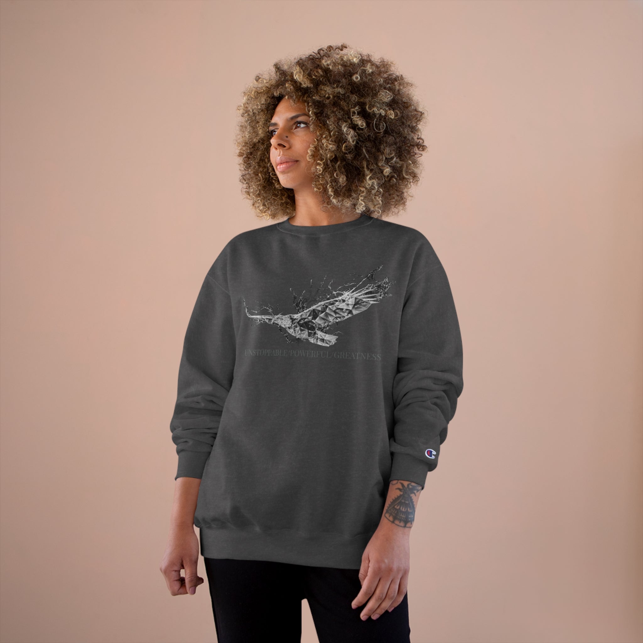 The Isaiah 40:31 &quot;Unstoppable/Powerful/Greatness&quot; Unisex Champion Sweatshirt - W/BLK Kngdom Logo &quot;Unstoppable/Powerful/Greatness&quot; Grey Letter Word Print