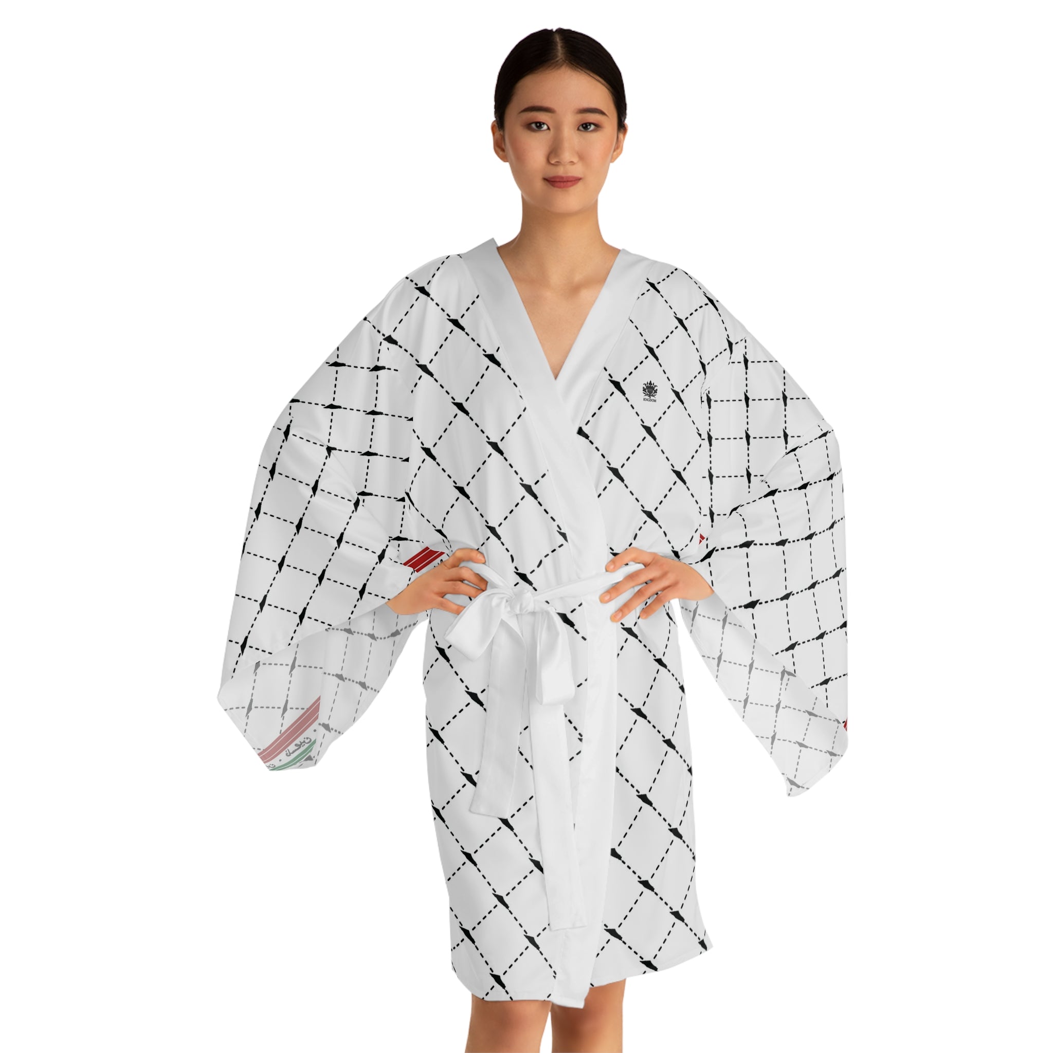 Keffiyeh World &quot;PALESTINE IS GUCCI&quot;- Long Sleeve Kimono Robe W/ Blk Kngdom Logo