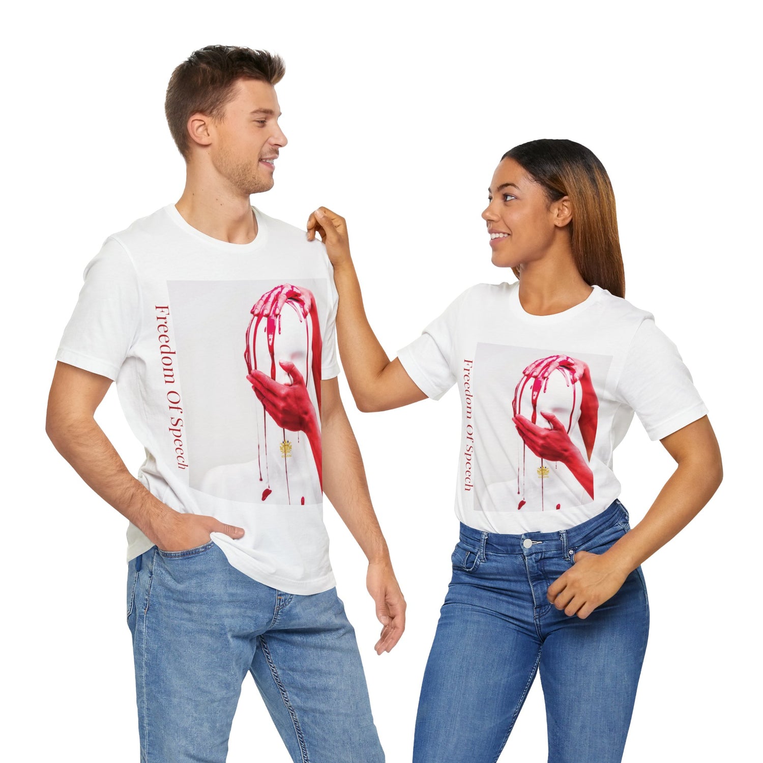 WE ARE AMERICA &quot;Freedom of Speech&quot; (THE BLOOD OF THE MARTYRS) - Unisex Jersey Short Sleeve Tee W/ &quot;Hand on Head &amp; Mouth&quot;/Red &quot;Freedom Of Speech&quot; Letter Print &amp; Kngdom Logo