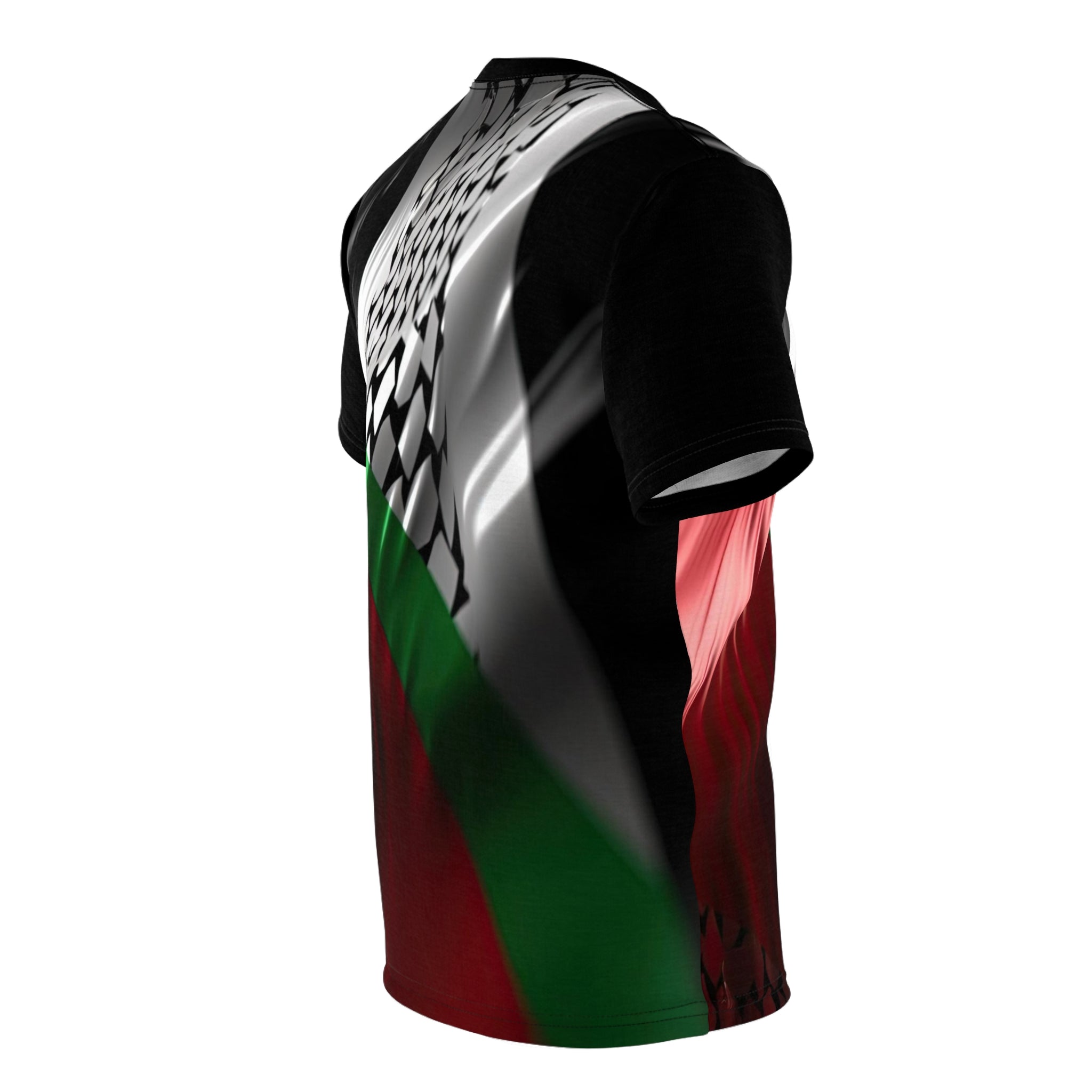 Keffiyeh World &quot;Palestine Flag&quot;- Unisex Cut &amp; Sew Tee W/ Blk Kngdom Logo