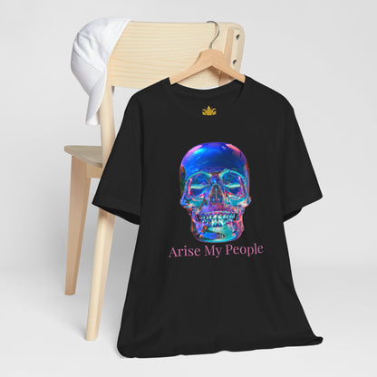 EZEKIEL 37 &quot;Arise My People&quot; Crystal Head Skull Face Design Image- Unisex Jersey Sleeve Tee (Front Side Crystal Head Skull Face Design Image W/ &quot;Arise My People&quot; Light Pink Letter Print- Back Side Kngdom Logo)