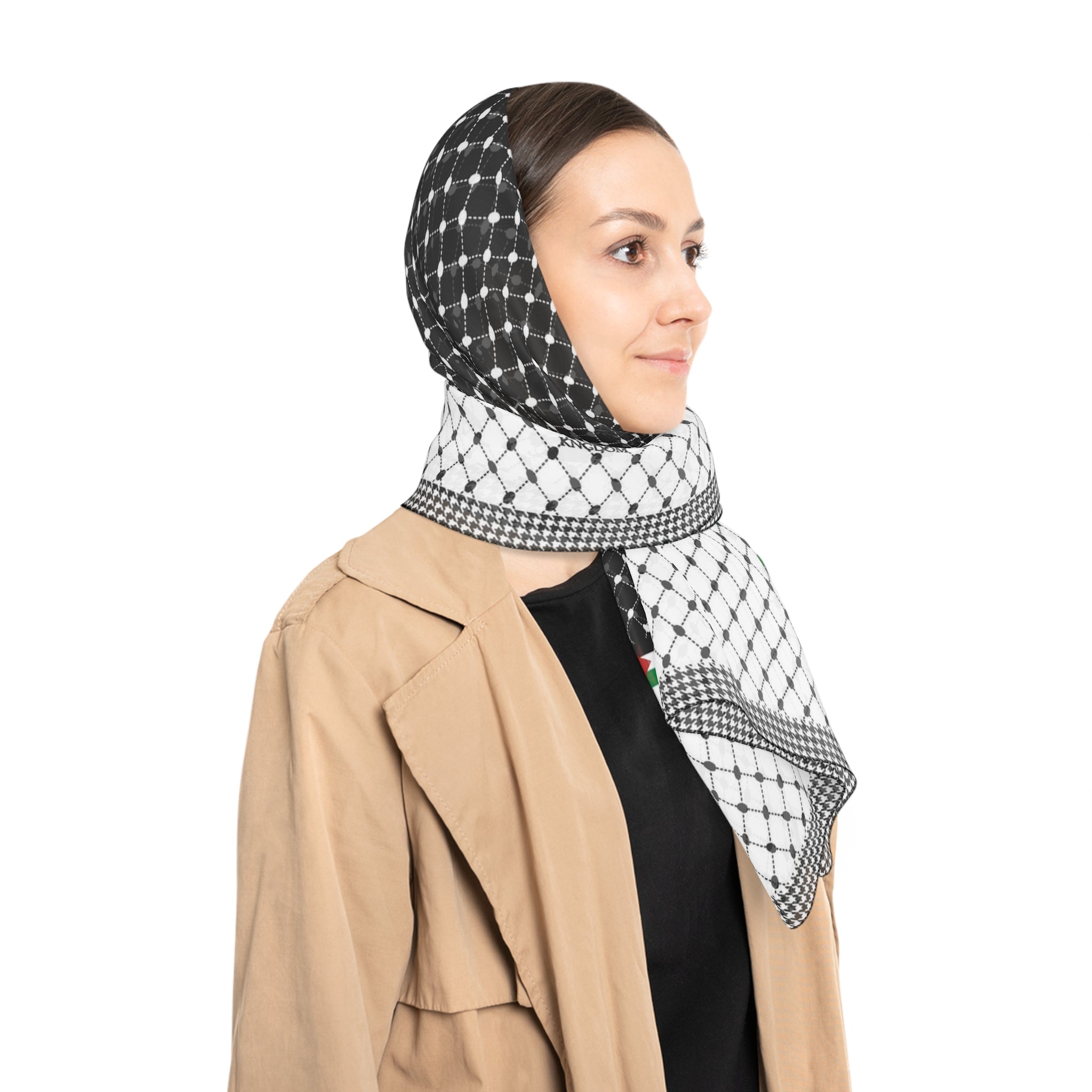 Keffiyeh World &quot;PALESTINE&quot;- Poly/Chiffon Scarf W/ Blk Kngdom Logo