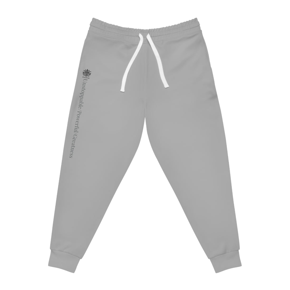 The Isaiah 40:31 &quot;Unstoppable/Powerful/Greatness&quot; -Unisex Athletic Joggers W/BLK Kngdom Logo &quot;Unstoppable/Powerful/Greatness&quot; Grey Letter Word Print