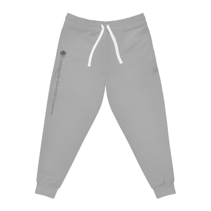 The Isaiah 40:31 &quot;Unstoppable/Powerful/Greatness&quot; -Unisex Athletic Joggers W/BLK Kngdom Logo &quot;Unstoppable/Powerful/Greatness&quot; Grey Letter Word Print