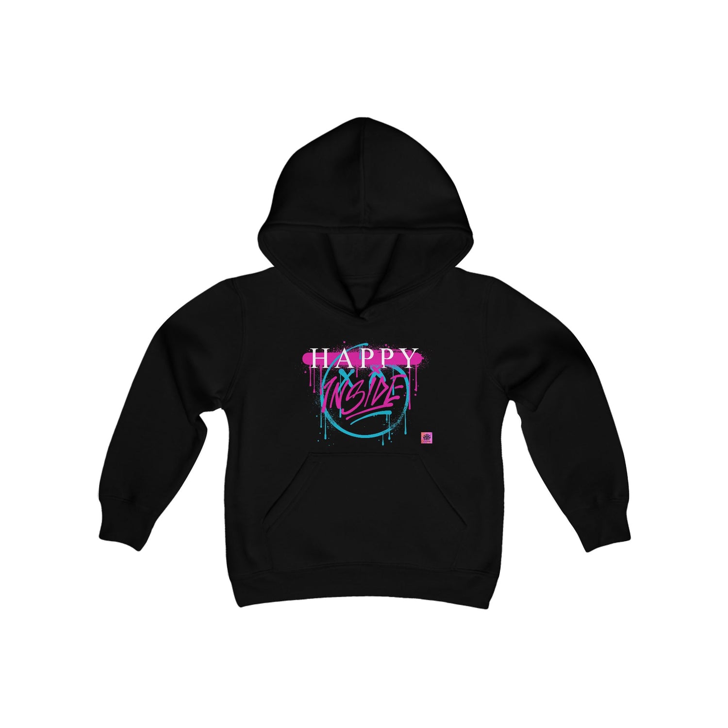 Kngdom &quot;DRIP&quot; (HAPPY INSIDE) -Youth Heavy Blend Hooded Sweatshirt W/ Blk-Pink Kngdom Logo