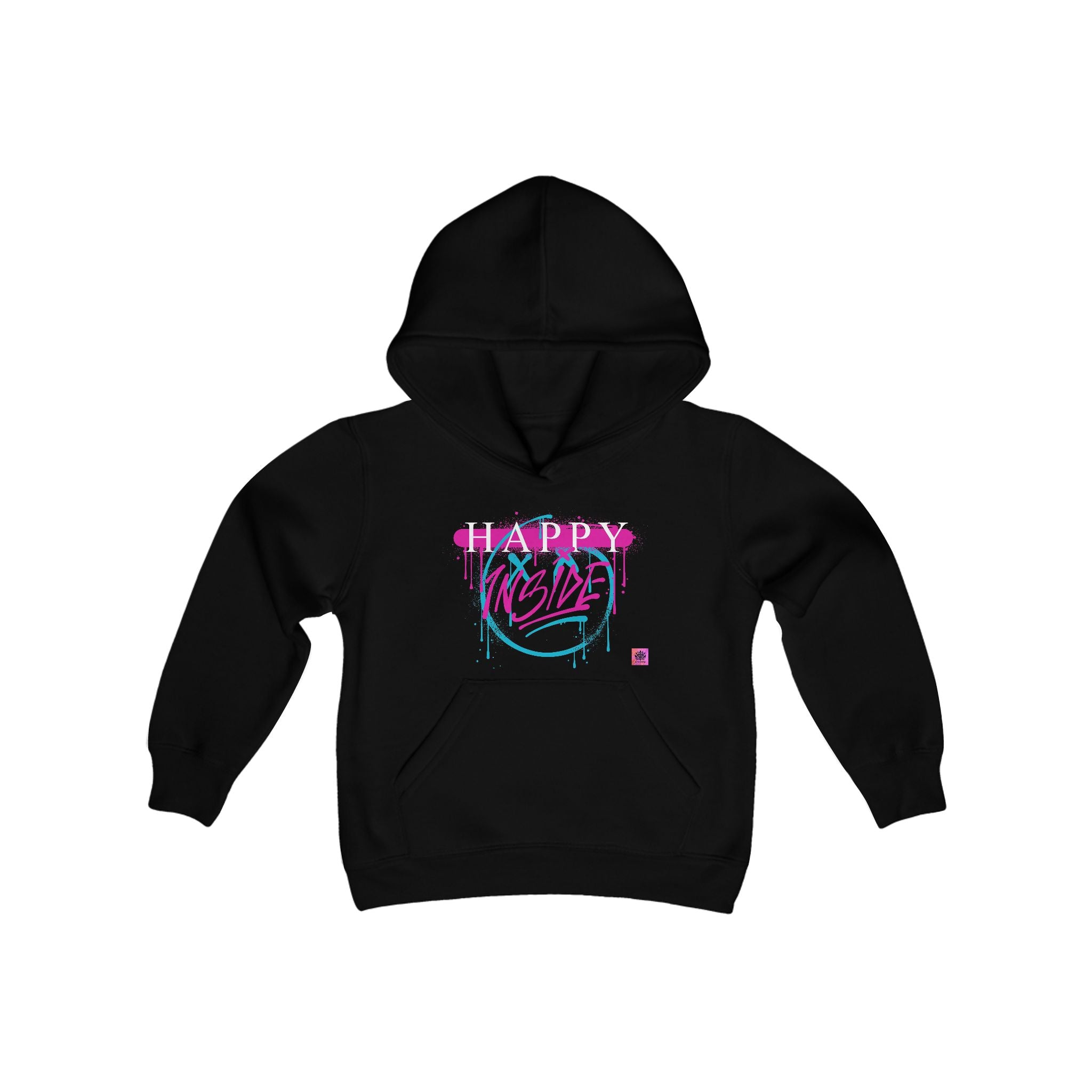 Kngdom &quot;DRIP&quot; (HAPPY INSIDE) -Youth Heavy Blend Hooded Sweatshirt W/ Blk-Pink Kngdom Logo