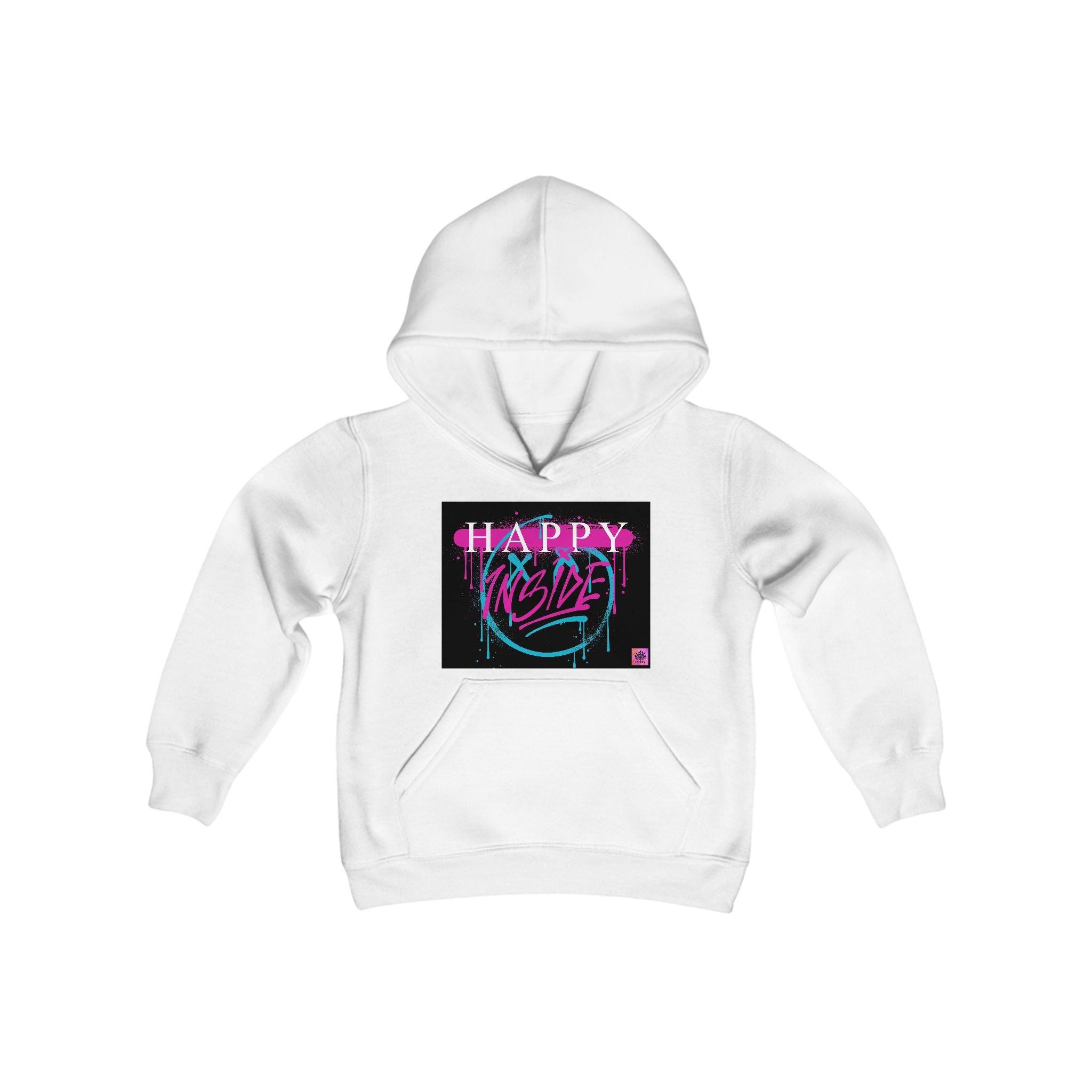 Kngdom &quot;DRIP&quot; (HAPPY INSIDE) -Youth Heavy Blend Hooded Sweatshirt W/ Blk-Pink Kngdom Logo