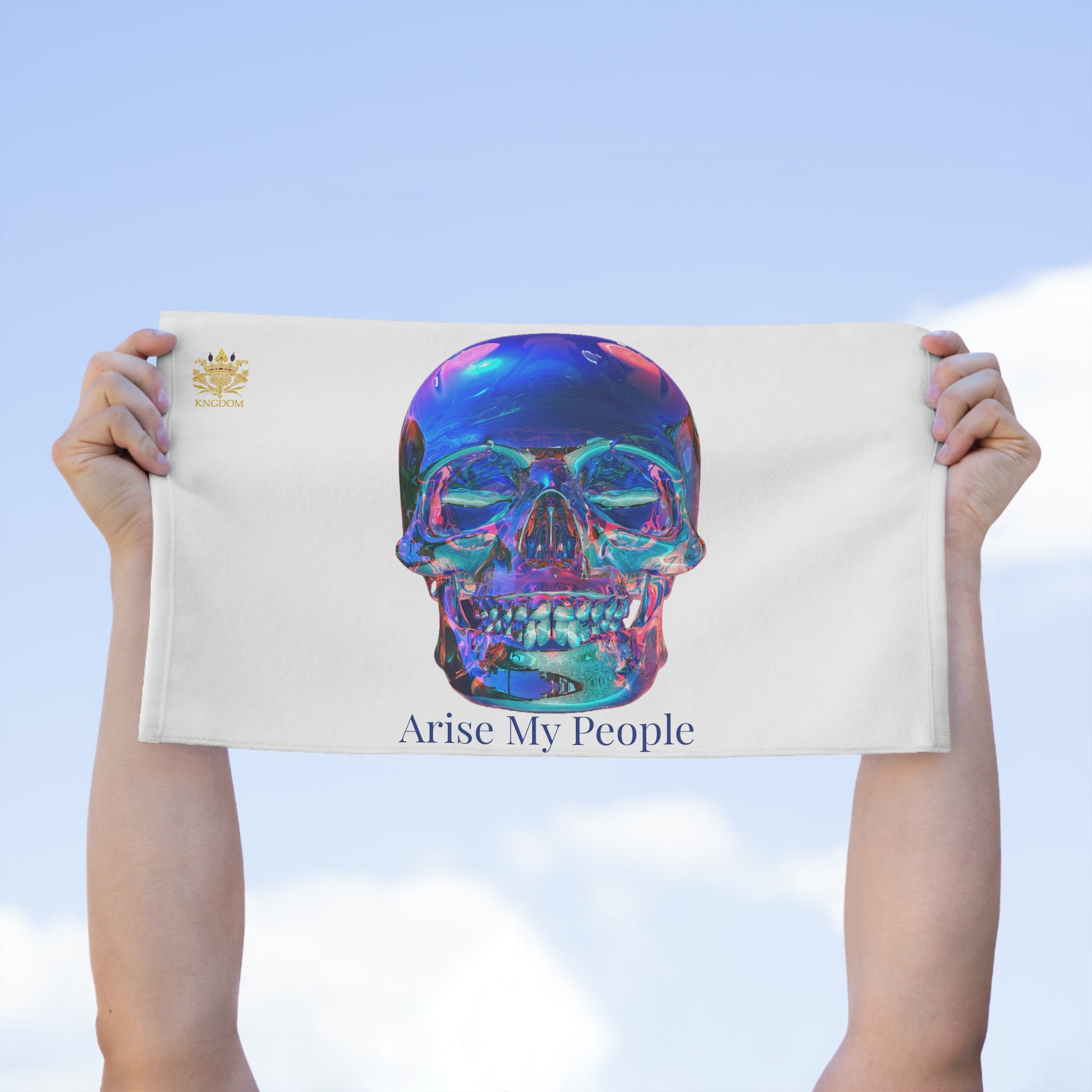 EZEKIEL 37 &quot;Arise My People&quot; Crystal Head Skull Face Design Image- Rally Towel (Dark Blue Letter Print- Kngdom Logo)