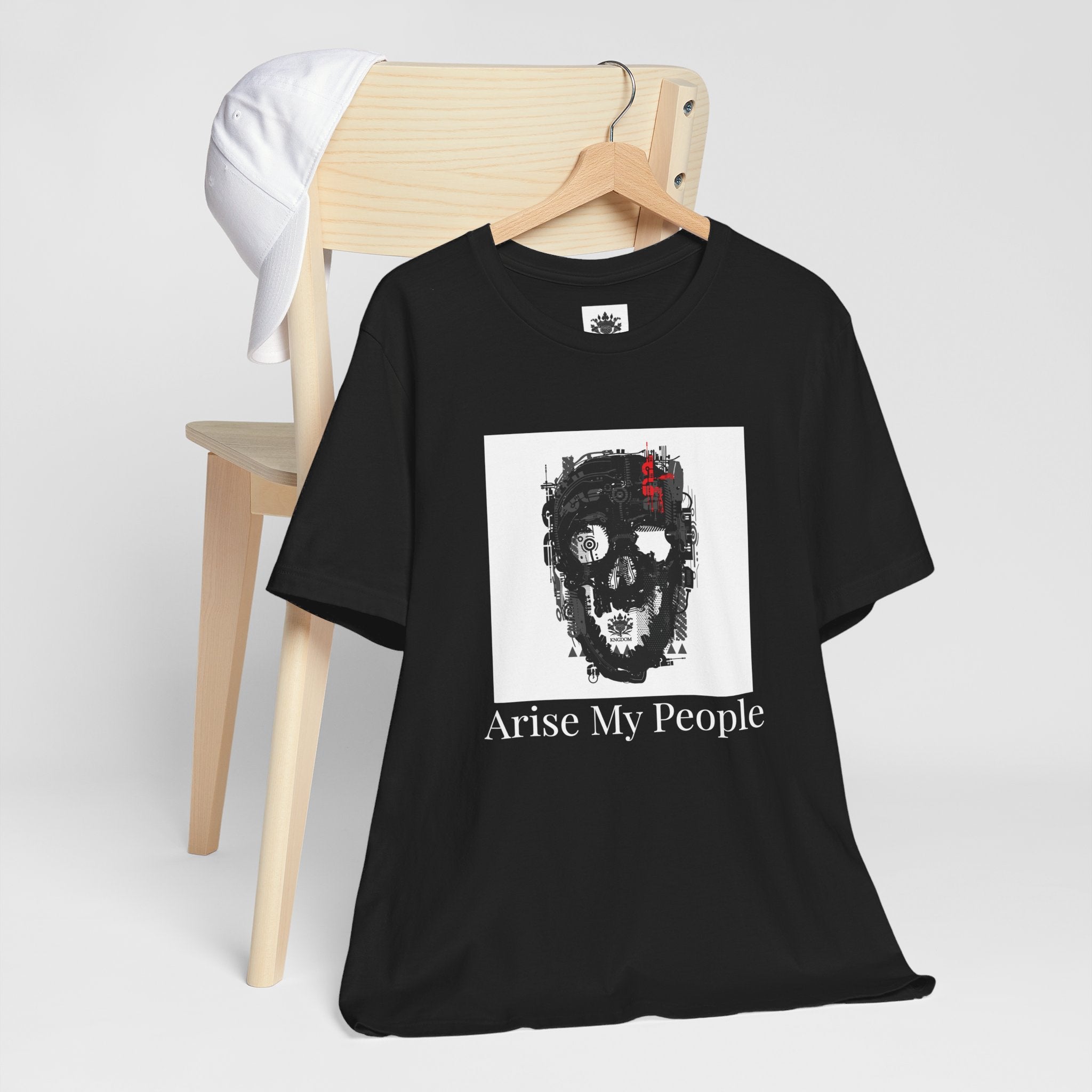 EZEKIEL 37 &quot;Arise My People&quot;- Unisex Jersey Short Sleeve Tee (Front Side Skull Cyborg Design Image W/ &quot;Arise My People&quot; White Letter Print-Back Side Black W/ White BG Kngdom Logo)