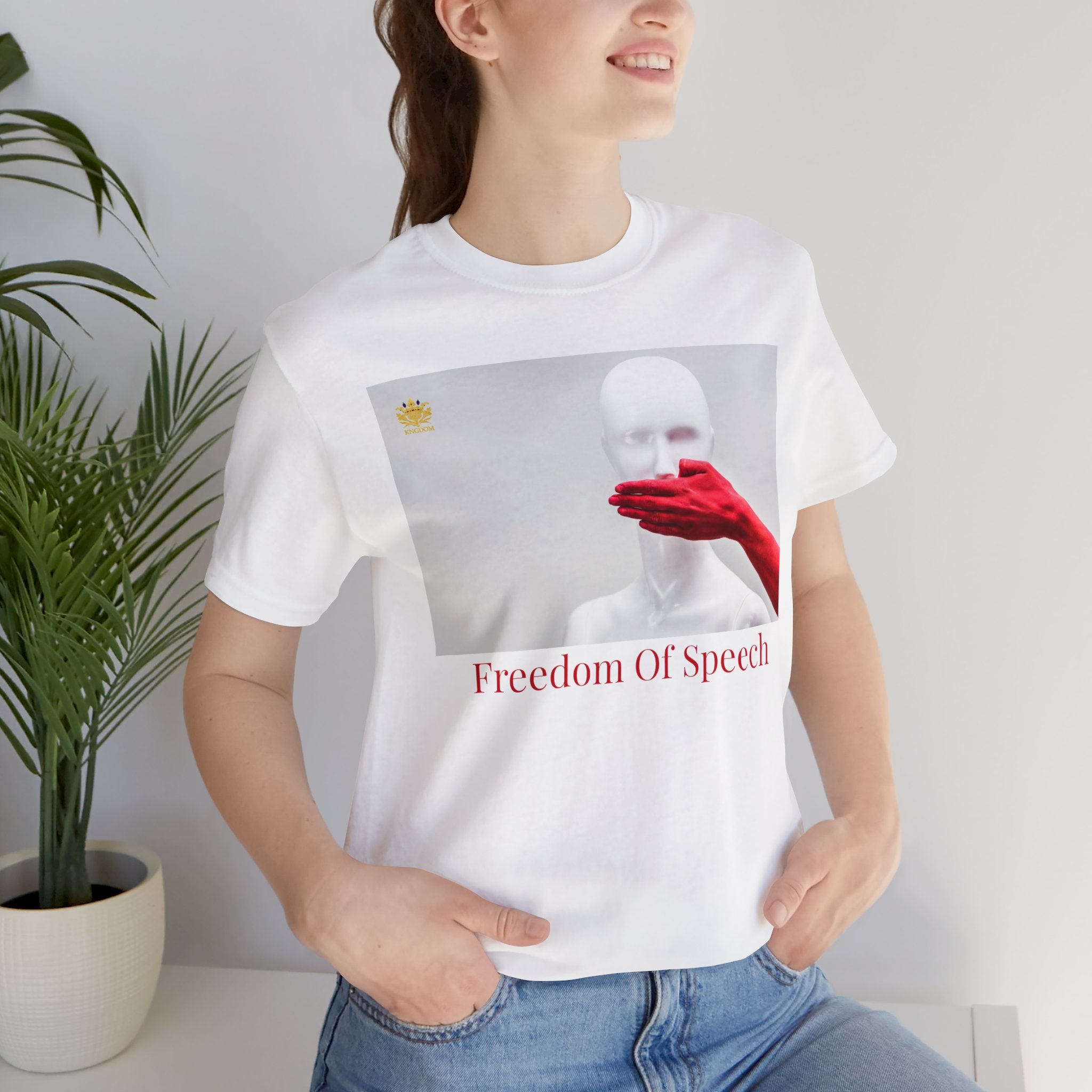 WE ARE AMERICA &quot; Freedom of Speech&quot; (THE BLOOD OF THE MARTYRS) - Unisex Jersey Short Sleeve Tee W/&quot;Hand Over Mouth&quot; Design Image W/ Red &quot;Freedom Of Speech&quot; Letter Print/Back-Side Kngdom Logo