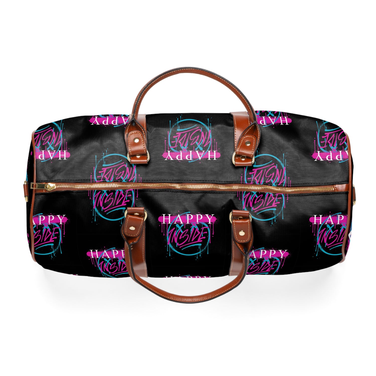 Kngdom &quot;DRIP&quot; (HAPPY INSIDE) -Vegan Leather Self-Expression Waterproof Travel Bag W/ Blk-Pink Kngdom Logo