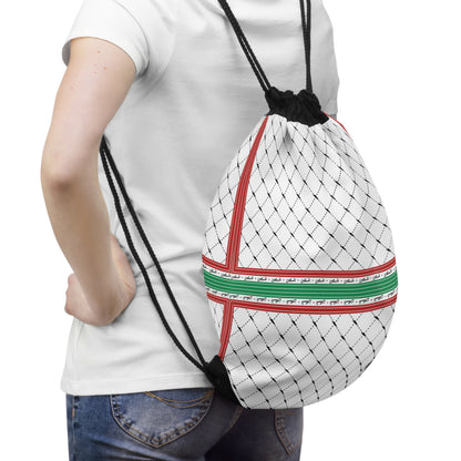 Keffiyeh World &quot;PALESTINE IS GUCCI&quot;- Drawstring Bag W/ Blk Kngdom Logo