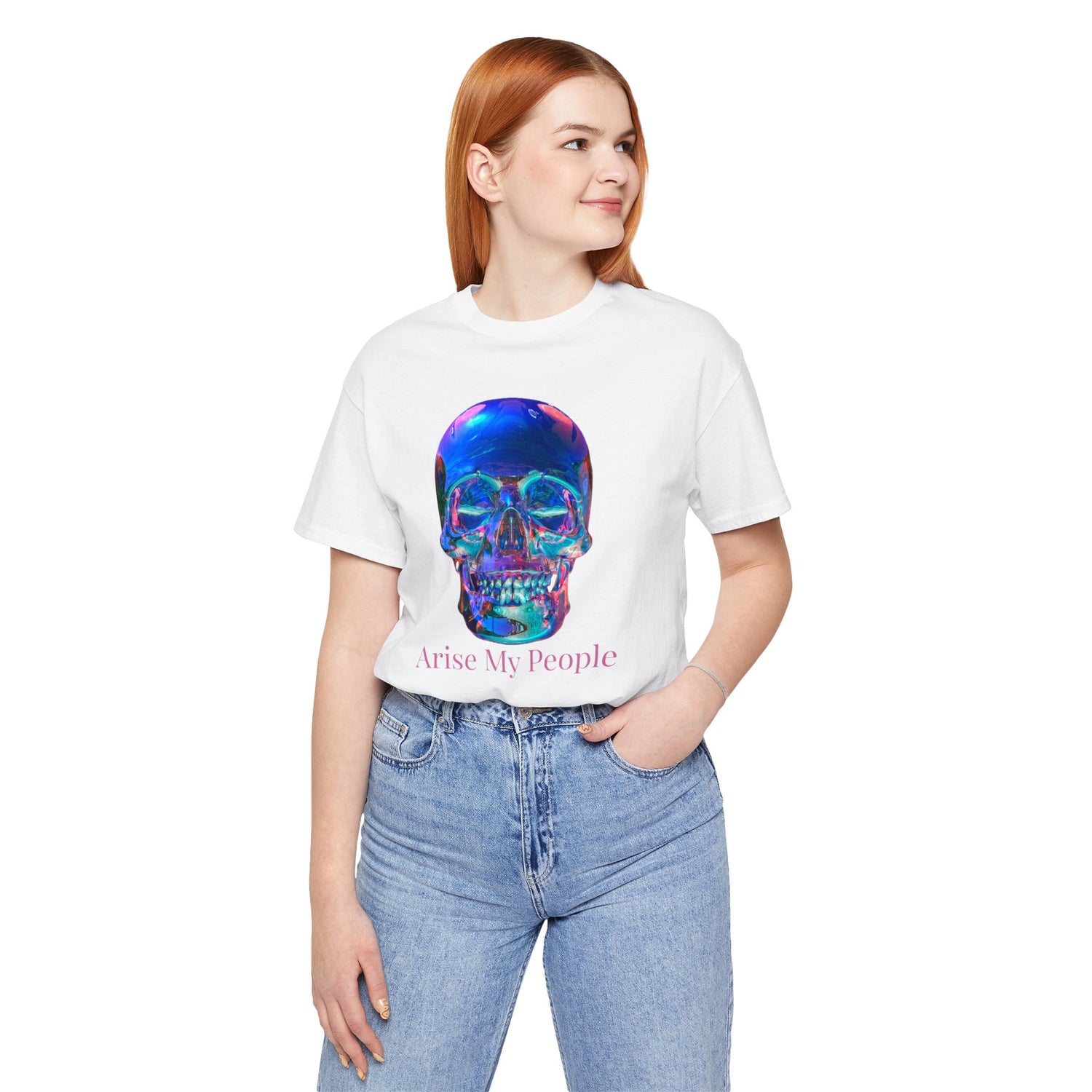 EZEKIEL 37 &quot;Arise My People&quot; Crystal Head Skull Face Design Image- Unisex Jersey Sleeve Tee (Front Side Crystal Head Skull Face Design Image W/ &quot;Arise My People&quot; Light Pink Letter Print- Back Side Kngdom Logo)