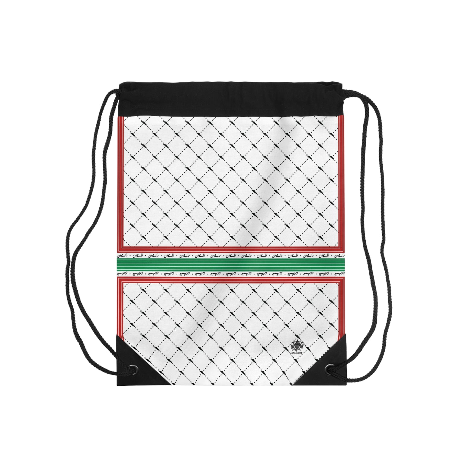 Keffiyeh World &quot;PALESTINE IS GUCCI&quot;- Drawstring Bag W/ Blk Kngdom Logo