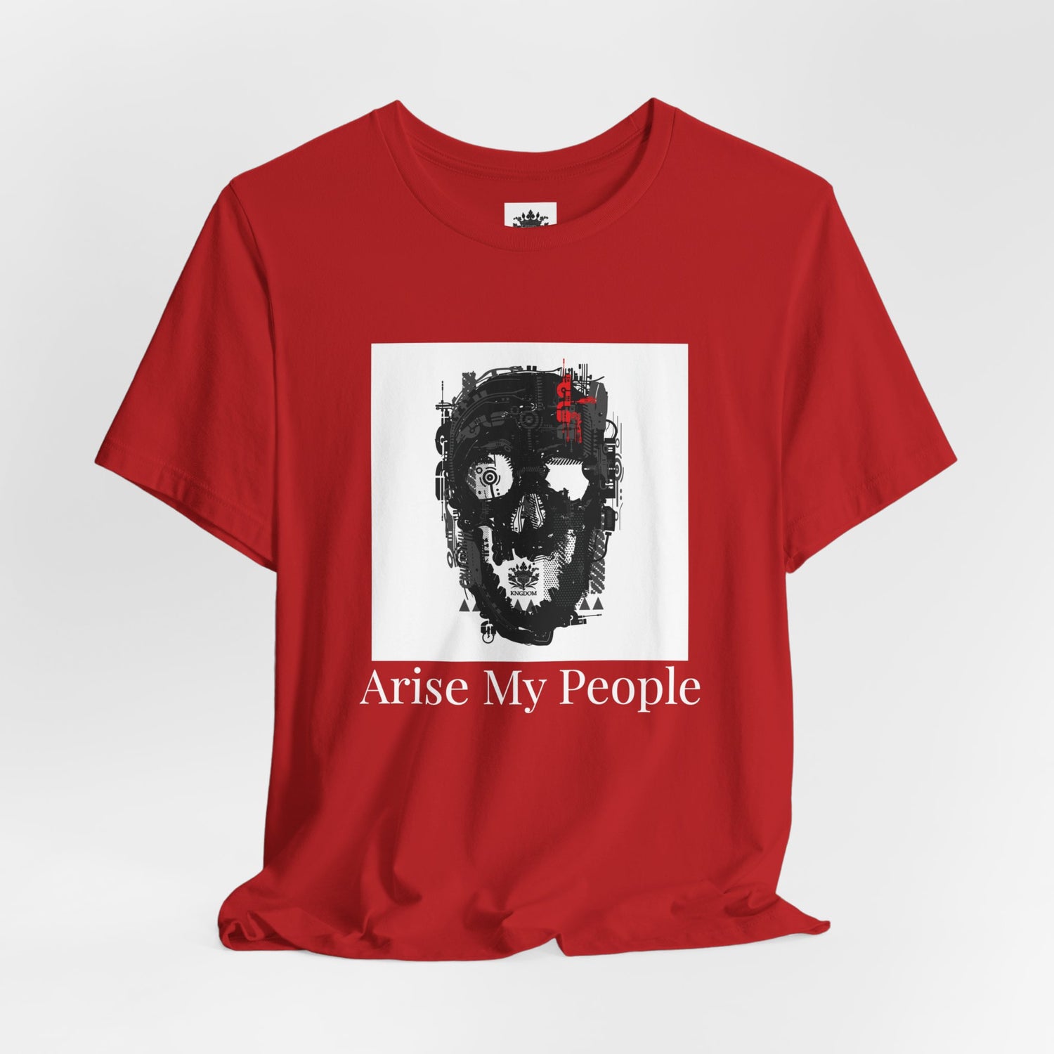 EZEKIEL 37 &quot;Arise My People&quot;- Unisex Jersey Short Sleeve Tee (Front Side Skull Cyborg Design Image W/ &quot;Arise My People&quot; White Letter Print-Back Side Black W/ White BG Kngdom Logo)