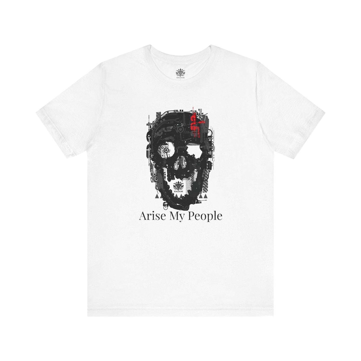 EZEKIEL 37 &quot;Arise My People&quot; Unisex Jersey Short Sleeve Tee (Front Side Skull Cyborg Design Image W/ &quot;Arise My People&quot; Black Letter Print-Back Side Black Kngdom Logo)