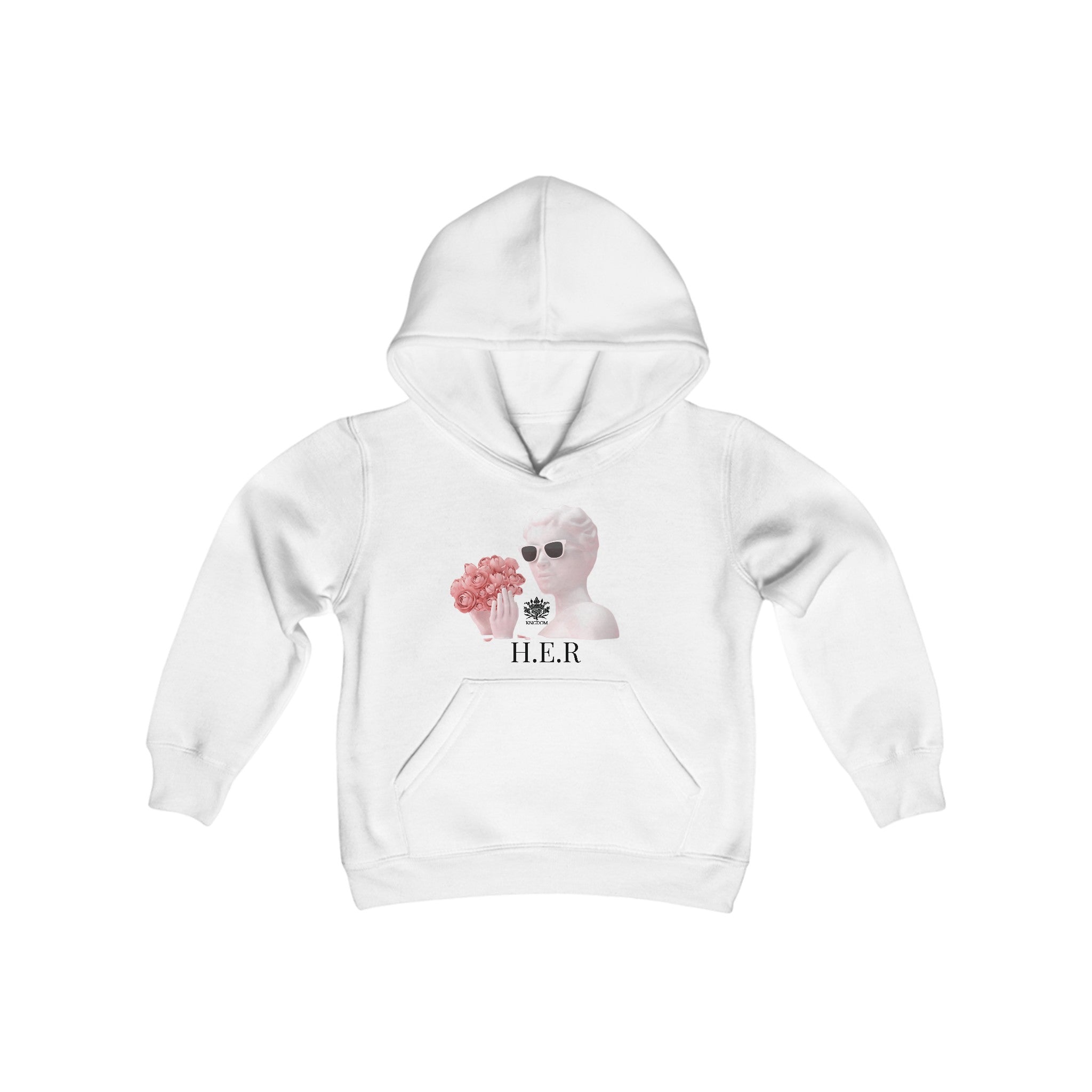 &quot;H.E.R&quot; (Heroism/Eagerness/Relevant) -Youth Heavy Blend Hooded Sweatshirt W/ Blk Kngdom Logo