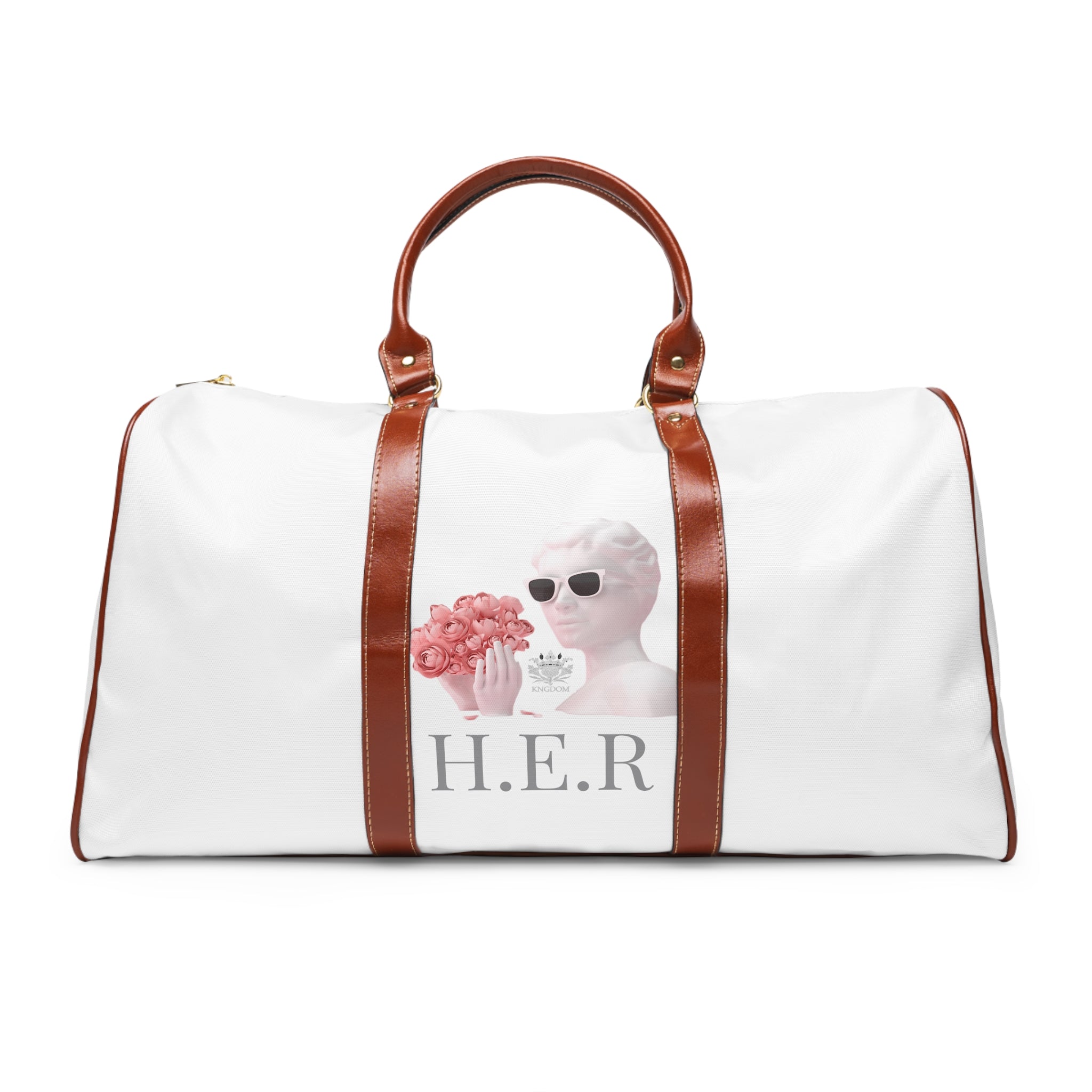 &quot;H.E. R&quot; (Heroism/Eagerness/Relevant) - Vegan Leather Self-Expression Waterproof Travel Bag (Double Side Grey Kngdom Logo)