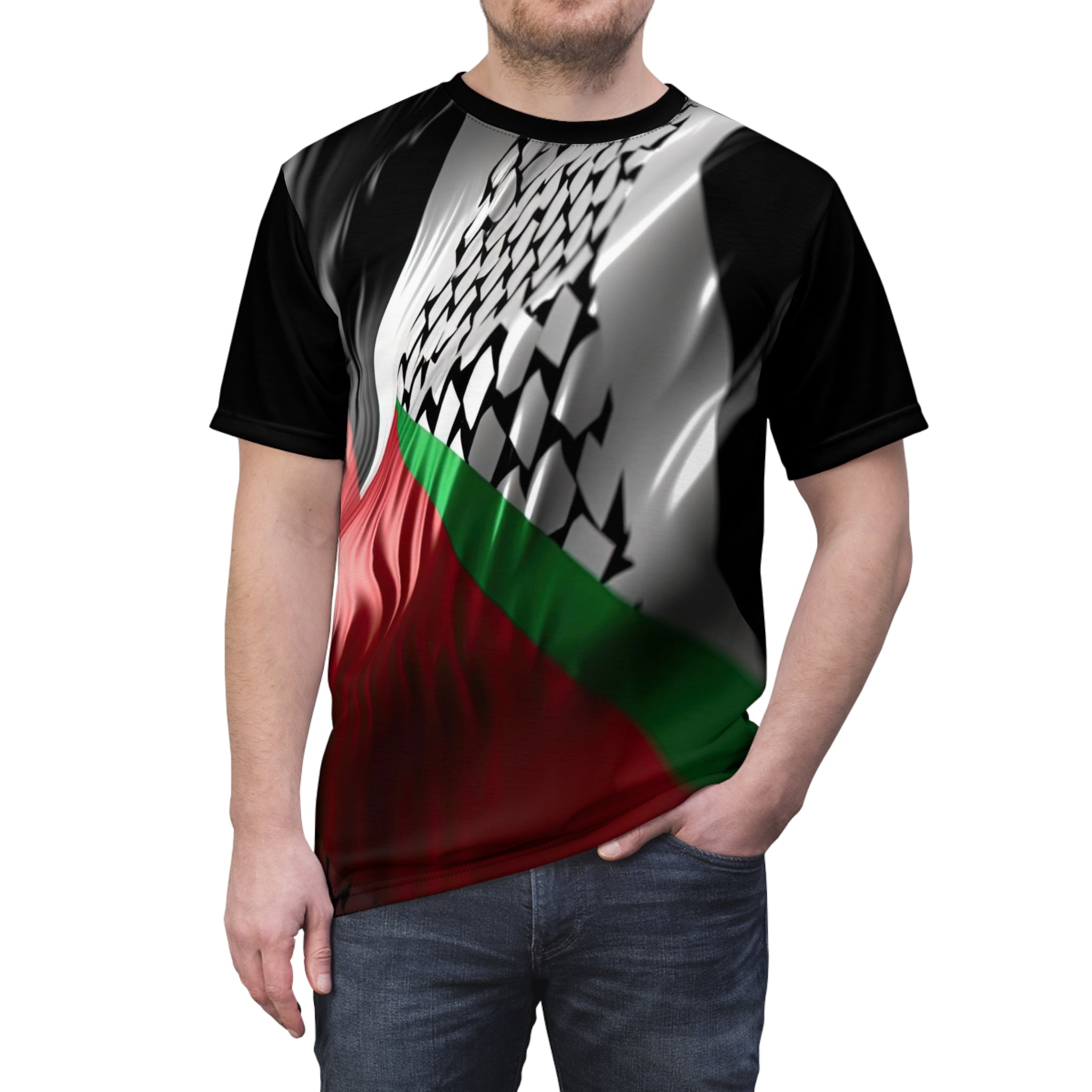 Keffiyeh World &quot;Palestine Flag&quot;- Unisex Cut &amp; Sew Tee W/ Blk Kngdom Logo