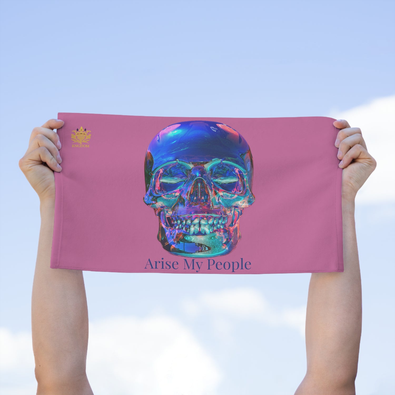 EZEKIEL 37 &quot;Arise My People&quot; Crystal Head Skull Face Design Image- Rally Towel (Dark Blue Letter Print- Kngdom Logo)