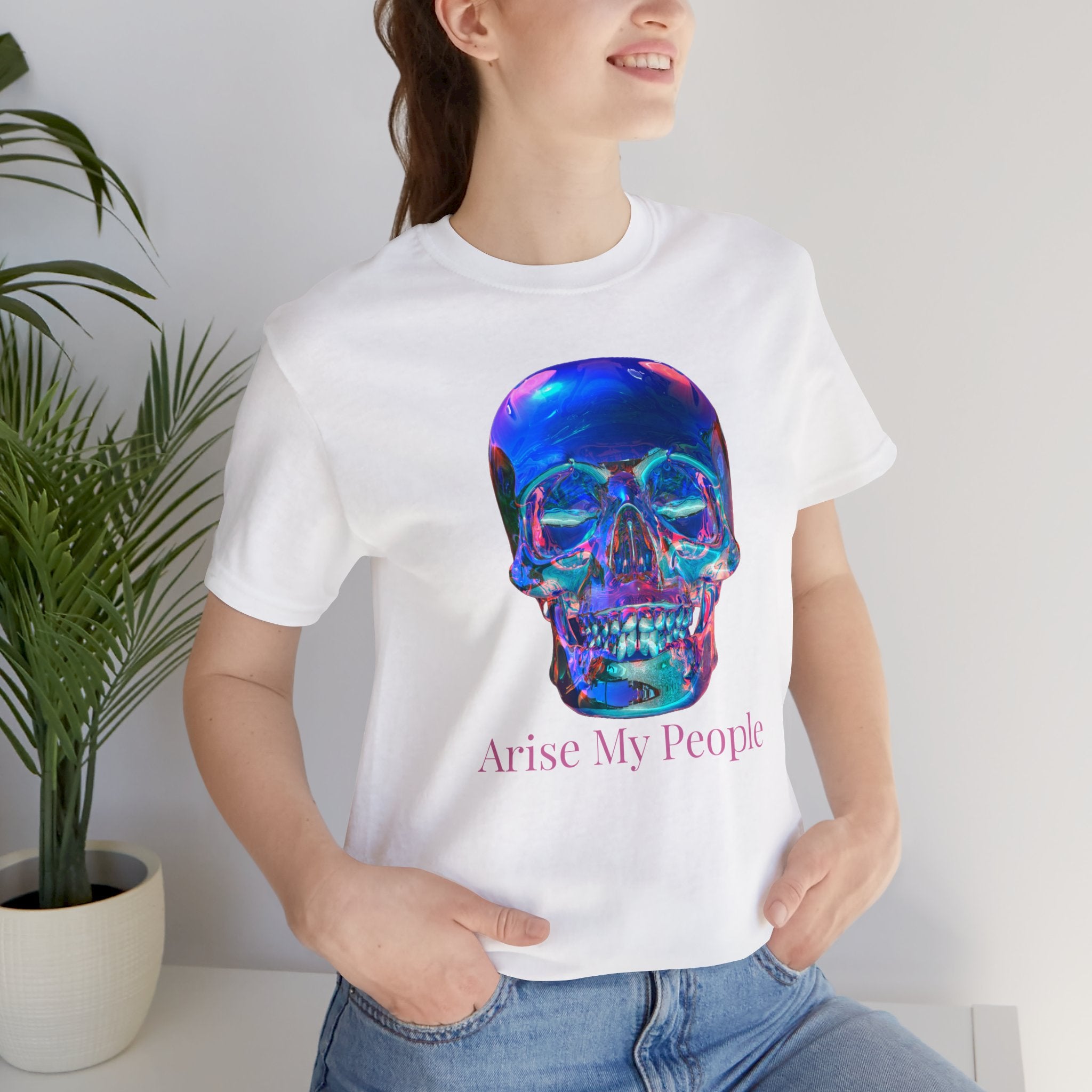 EZEKIEL 37 &quot;Arise My People&quot; Crystal Head Skull Face Design Image- Unisex Jersey Sleeve Tee (Front Side Crystal Head Skull Face Design Image W/ &quot;Arise My People&quot; Light Pink Letter Print- Back Side Kngdom Logo)