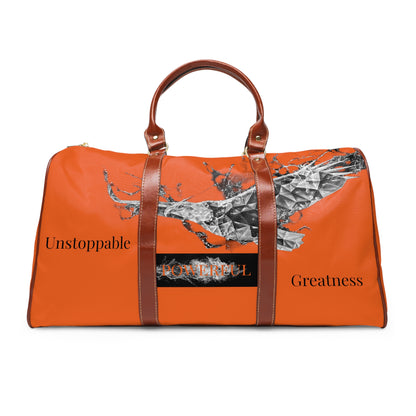 The Isaiah 40:31- Unstoppable/Powerful/Greatness (EAGLE)- Vegan Leather Self-Expression Waterproof Travel Bag (Double Side BLK Kngdom Logo W/BLK Orange Letter Word Print)