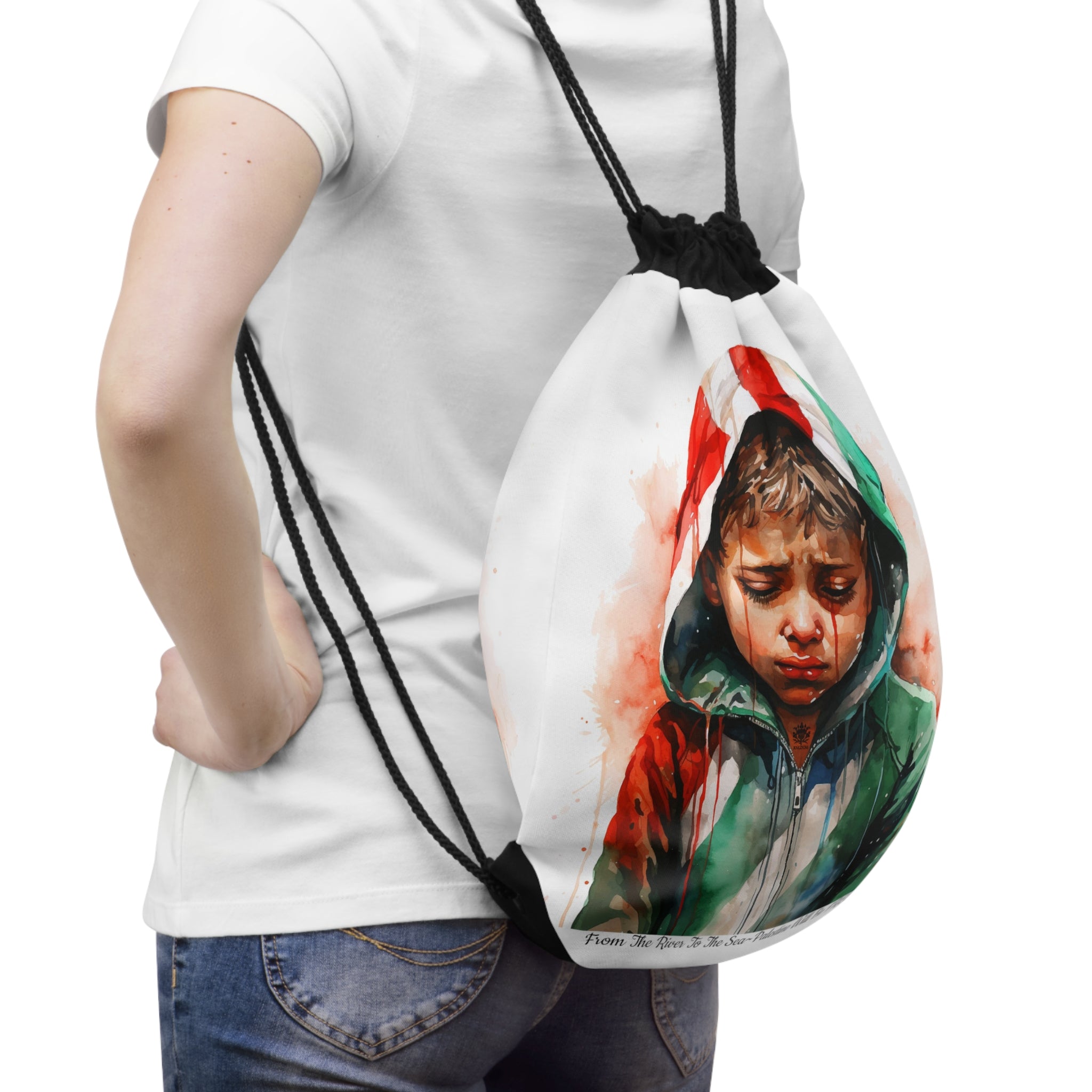 Palestinian Blood Cry &quot;FROM THE RIVER TO THE SEA~PALESTINE WILL BE FREE&quot;- Drawstring Bag W/ Blk Kngdom Logo