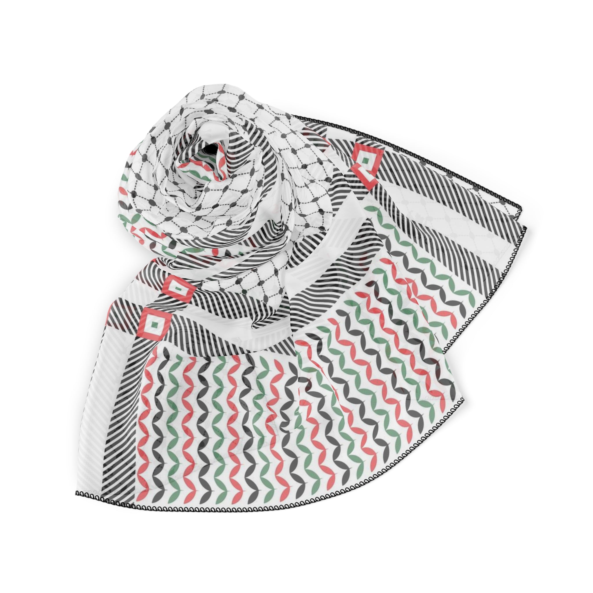 Keffiyeh World &quot;PALESTINE&quot;- Poly/Chiffon Scarf W/ Blk Kngdom  Logo