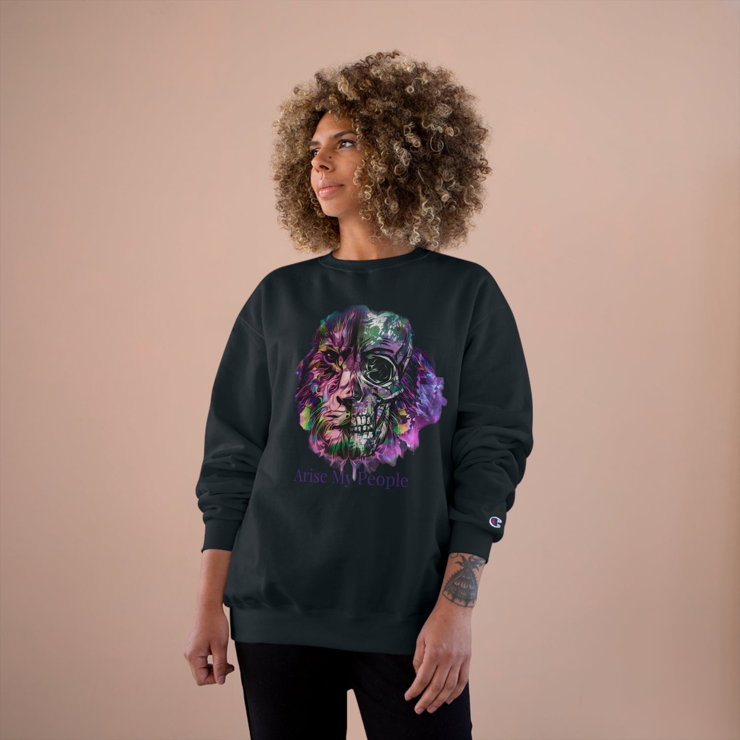 EZEKIEL 37 &quot;Arise My People&quot; Lion/Skull Face Design Image- Unisex Champion Sweatshirt W/ Back Side Kngdom Logo