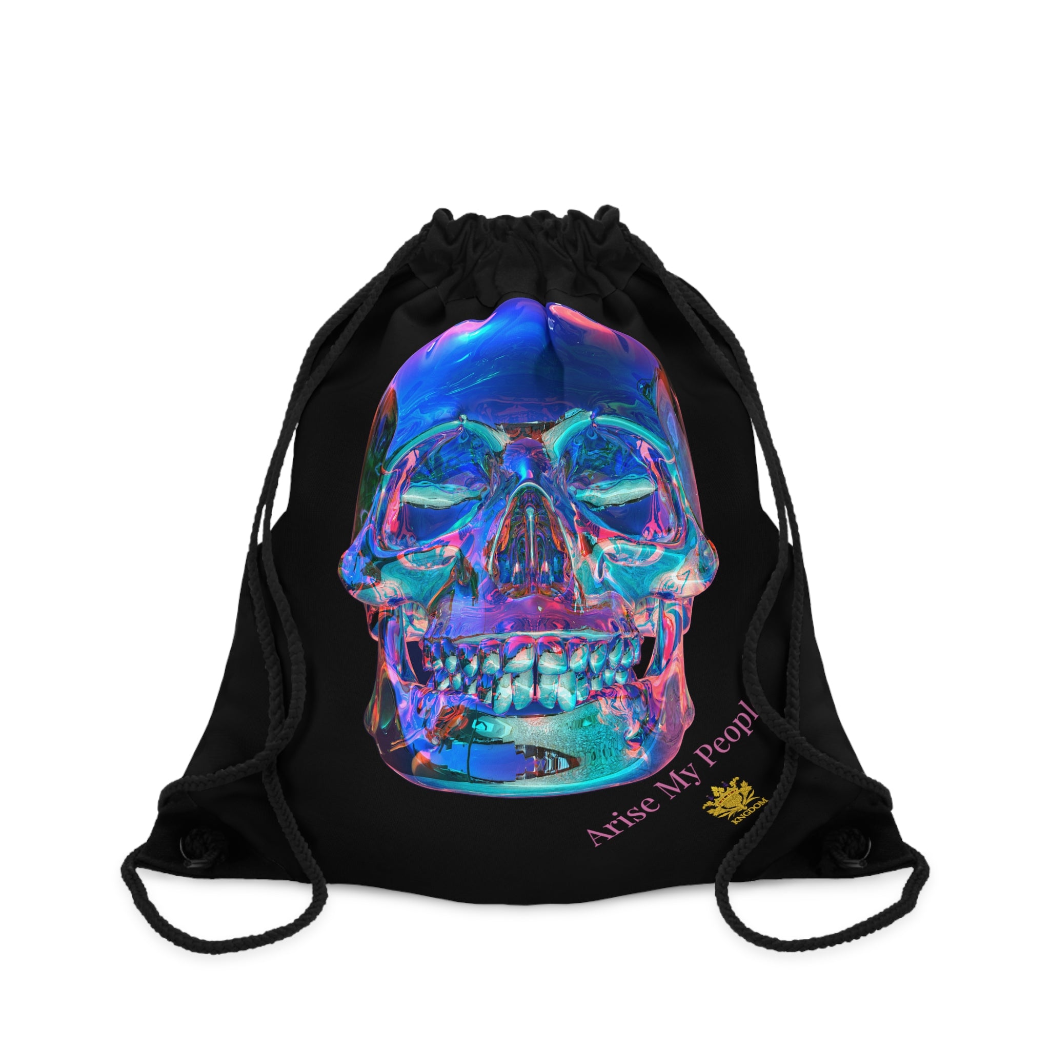 EZEKIEL 37 &quot;Arise My People&quot; Crystal Head Skull Face Design Image- Drawstring Bag (&quot;Arise My People&quot; Light Pink Letter Print- Kngdom Logo)