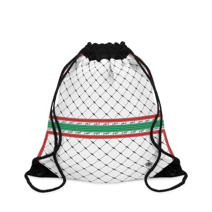 Keffiyeh World &quot;PALESTINE IS GUCCI&quot;- Drawstring Bag W/ Blk Kngdom Logo