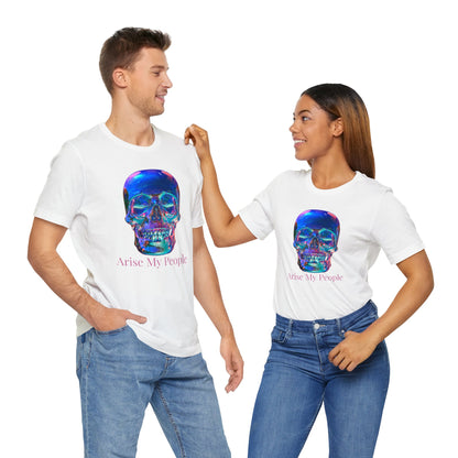 EZEKIEL 37 &quot;Arise My People&quot; Crystal Head Skull Face Design Image- Unisex Jersey Sleeve Tee (Front Side Crystal Head Skull Face Design Image W/ &quot;Arise My People&quot; Light Pink Letter Print- Back Side Kngdom Logo)