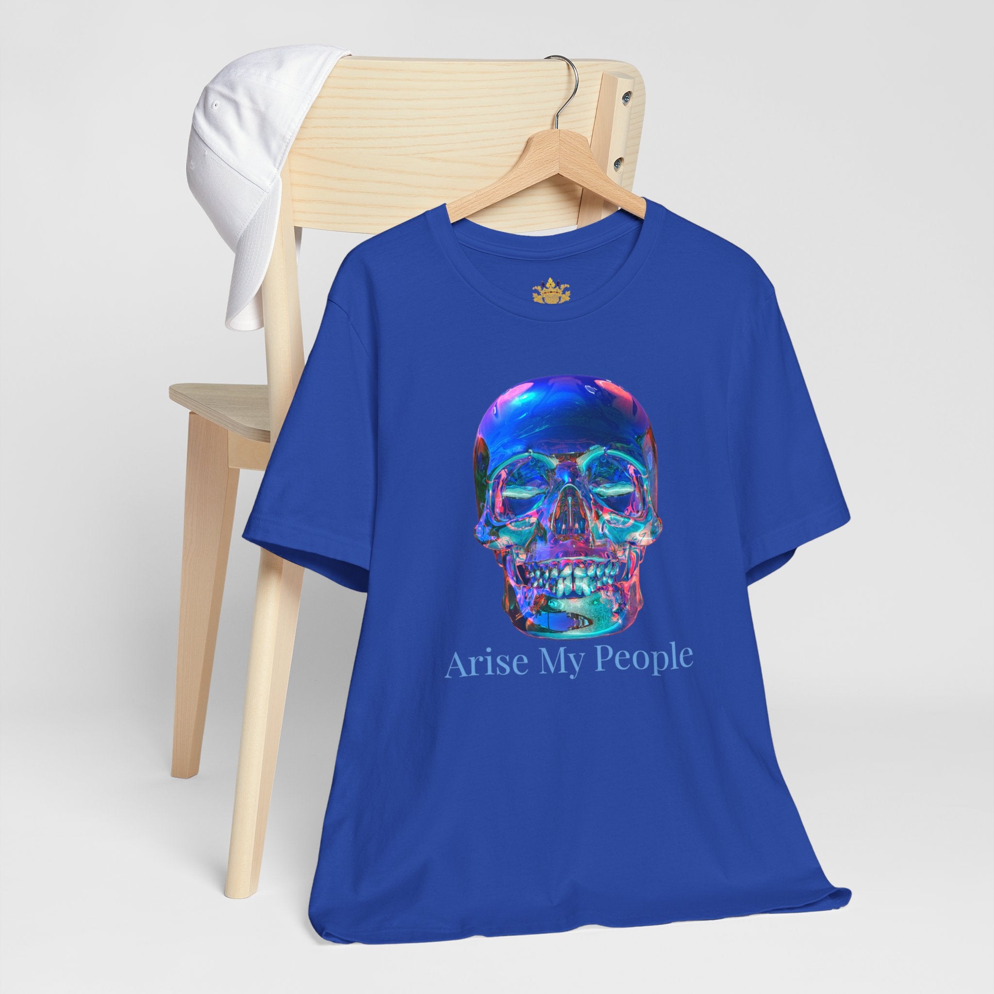 EZEKIEL 37 &quot;Arise My People&quot; Crystal Head Skull Face Design Image- Unisex Jersey Sleeve Tee (Front Side Crystal Head Skull Face Design Image W/ &quot;Arise My People&quot; Light Blue Letter Print- Back Side Kngdom Logo)