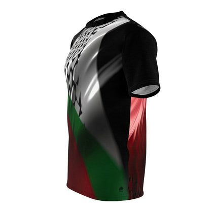 Keffiyeh World &quot;Palestine Flag&quot;- Unisex Cut &amp; Sew Tee W/ Blk Kngdom Logo