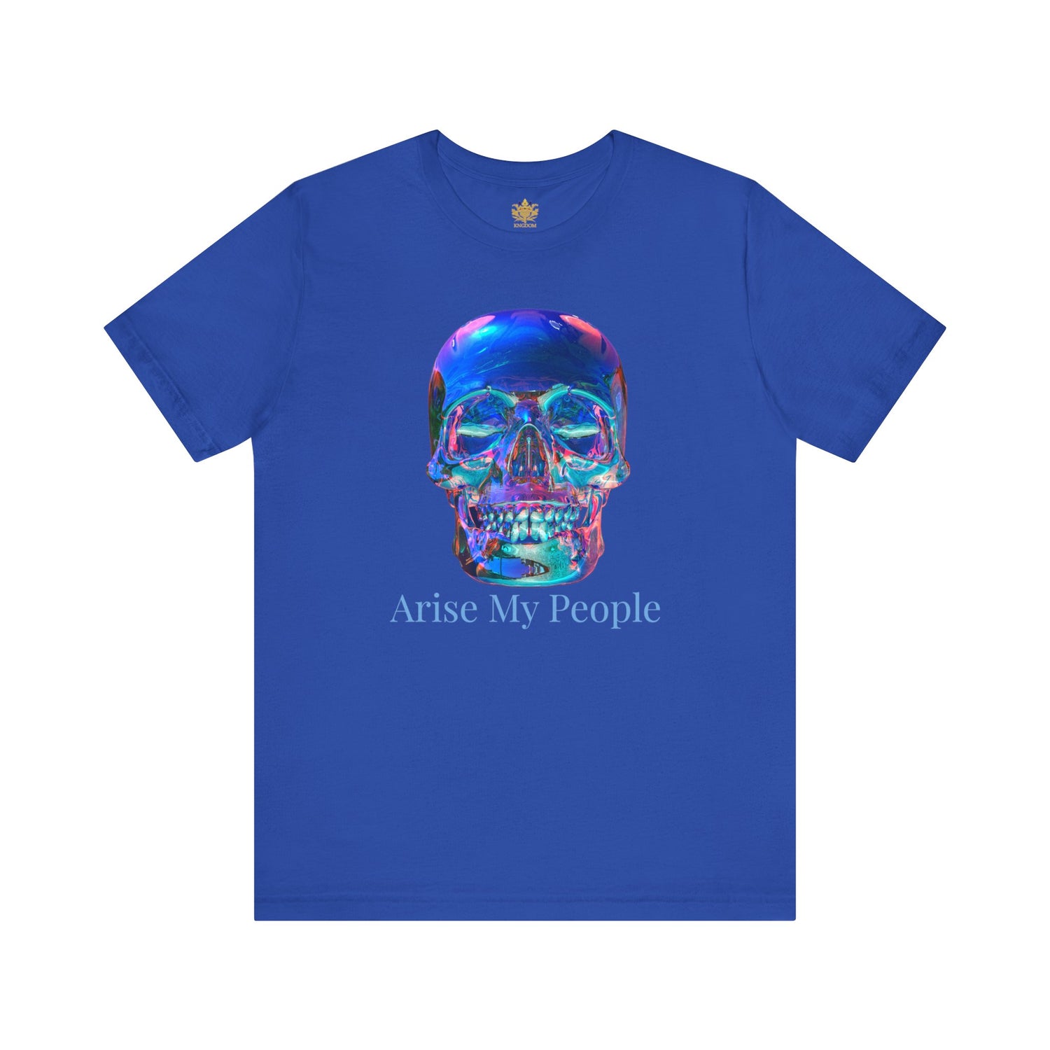 EZEKIEL 37 &quot;Arise My People&quot; Crystal Head Skull Face Design Image- Unisex Jersey Sleeve Tee (Front Side Crystal Head Skull Face Design Image W/ &quot;Arise My People&quot; Light Blue Letter Print- Back Side Kngdom Logo)