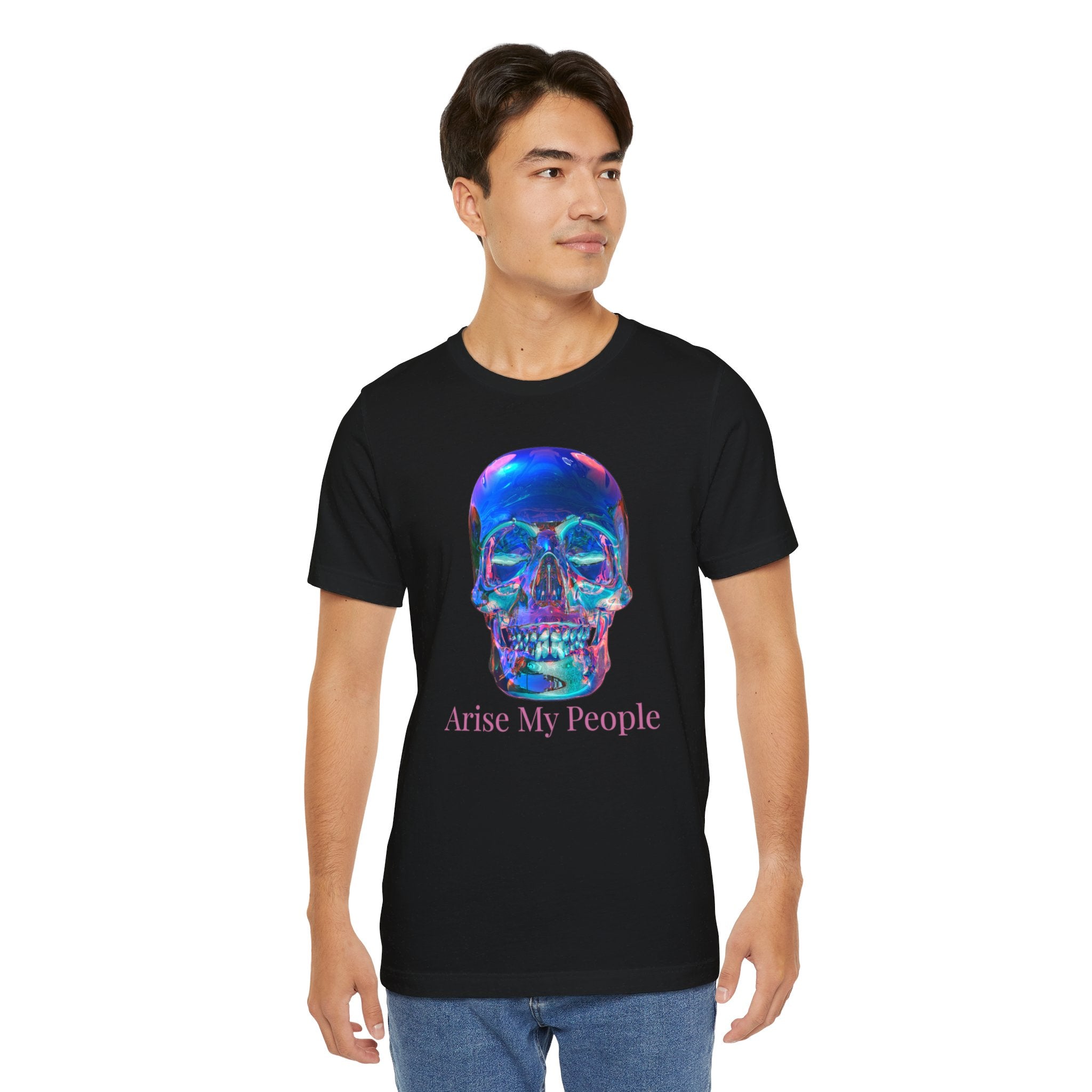 EZEKIEL 37 &quot;Arise My People&quot; Crystal Head Skull Face Design Image- Unisex Jersey Sleeve Tee (Front Side Crystal Head Skull Face Design Image W/ &quot;Arise My People&quot; Light Pink Letter Print- Back Side Kngdom Logo)