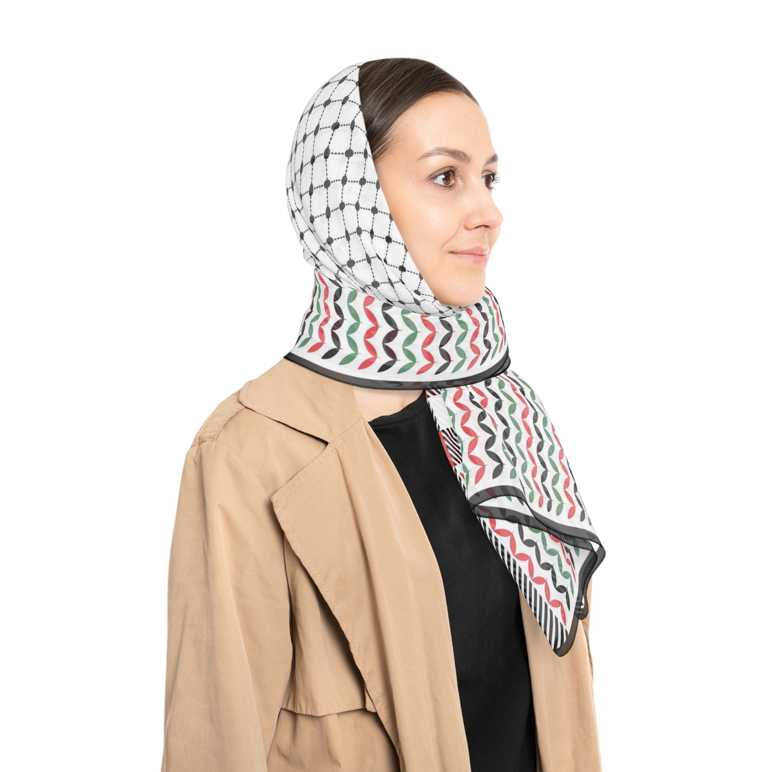 Keffiyeh World &quot;PALESTINE&quot;- Poly/Chiffon Scarf W/ Blk Kngdom  Logo